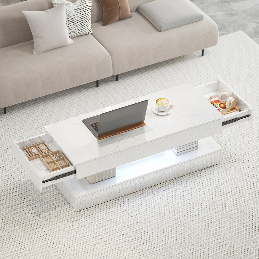 Coffee Table with Adjustable LED Lights, Center Table with 2 Drawers, Open Shelf, Remote, High Gloss Marble-Effect White