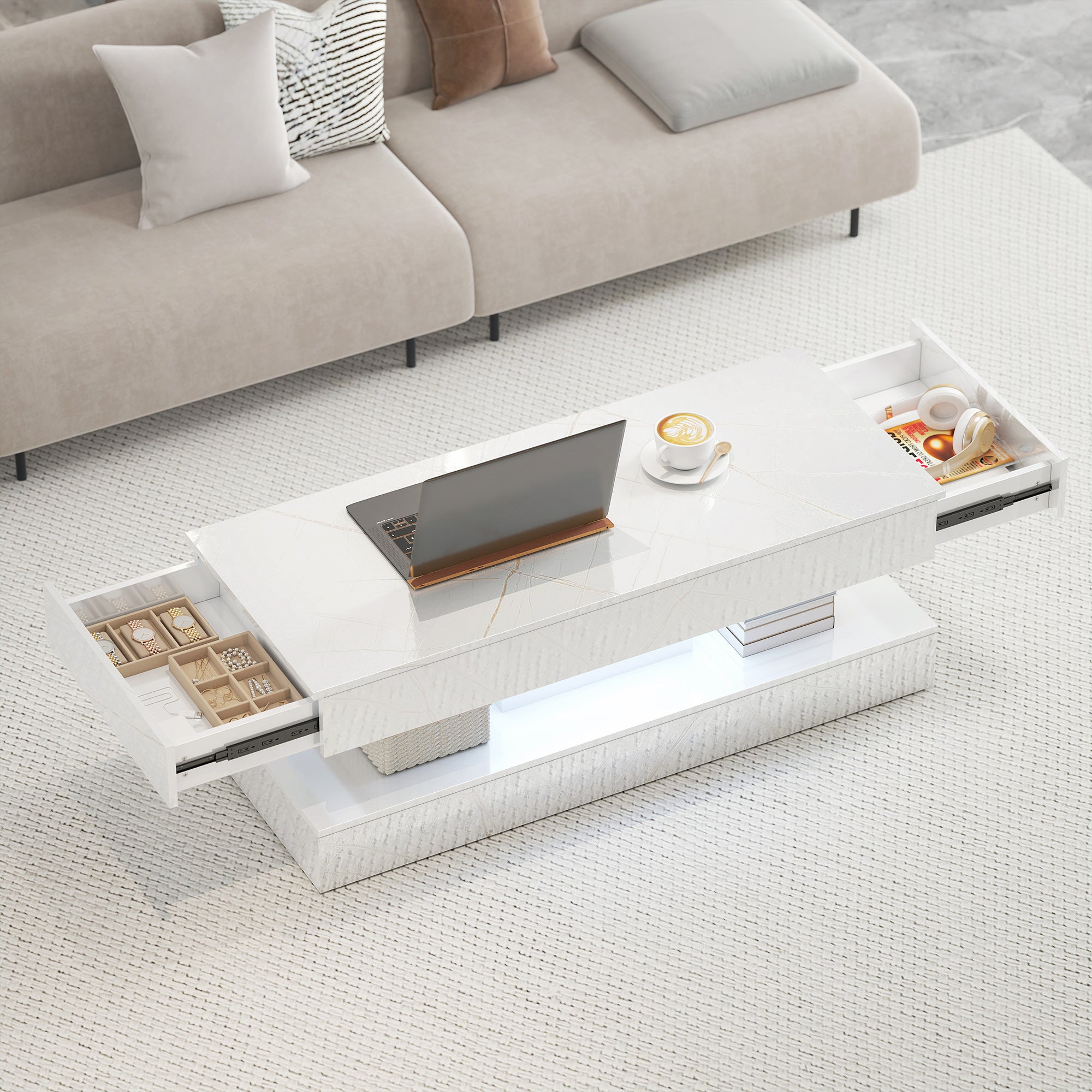 Coffee Table with Adjustable LED Lights, Center Table with 2 Drawers, Open Shelf, Remote, High Gloss Marble-Effect White
