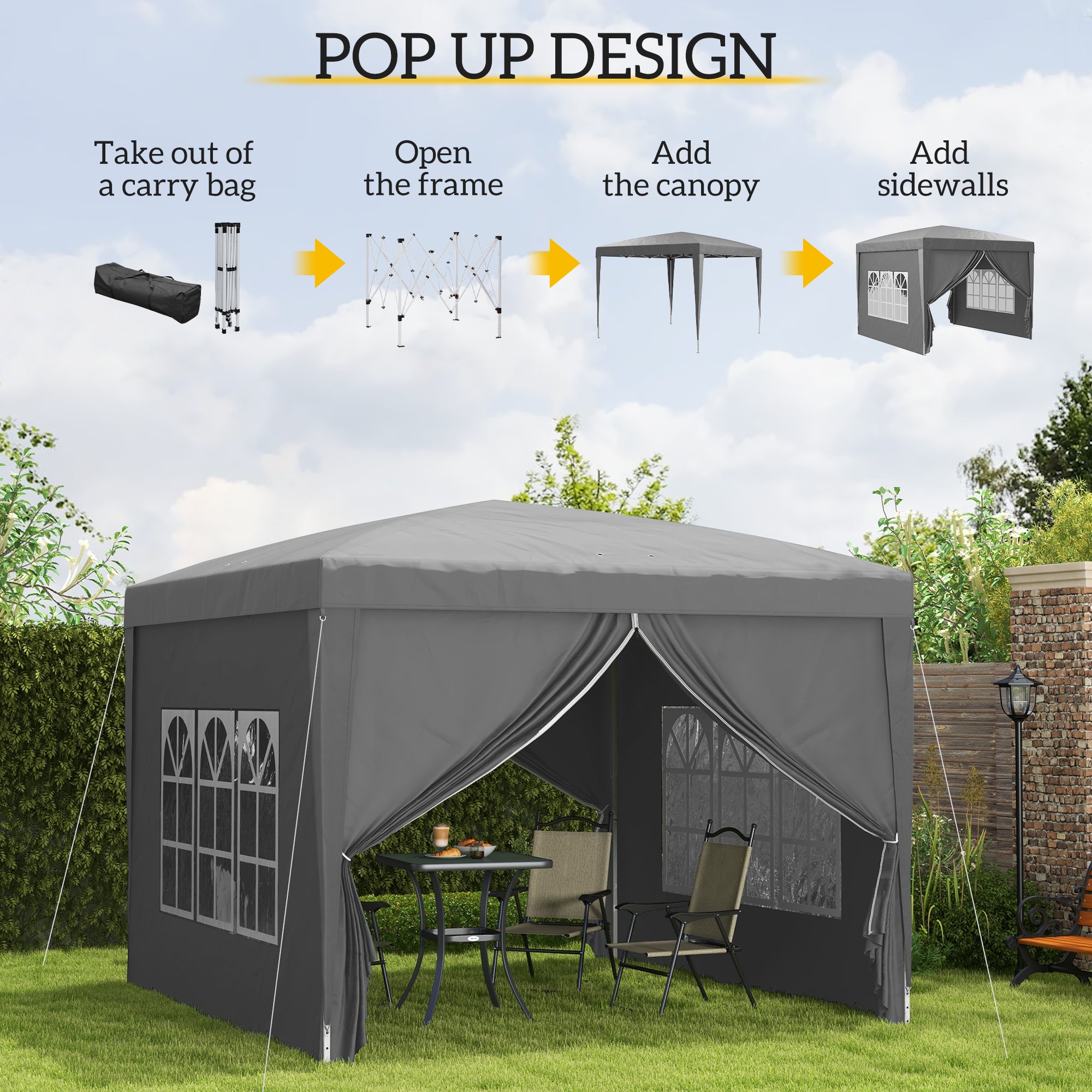 10'x10' Outdoor Pop Up Party Tent Wedding Gazebo Canopy with Carrying Bag (Grey)