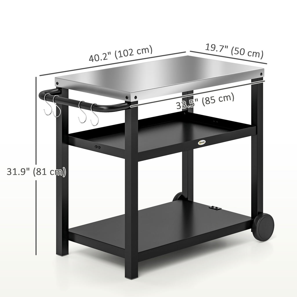 3-Shelf Outdoor Grill Dining Cart Pizza Oven Stand with Stainless Steel Top, Movable BBQ Food Prep Table Outdoor Kitchen Island with Hooks Wheels Handle, Charcoal Grey