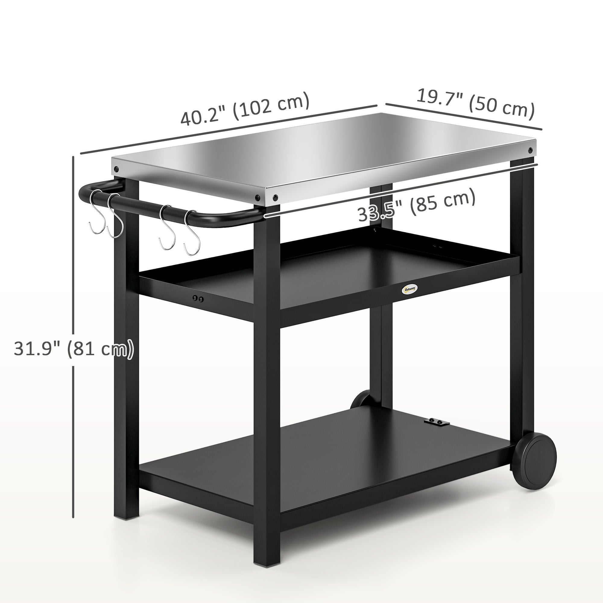 3-Shelf Outdoor Grill Dining Cart Pizza Oven Stand with Stainless Steel Top, Movable BBQ Food Prep Table Outdoor Kitchen Island with Hooks Wheels Handle, Charcoal Grey