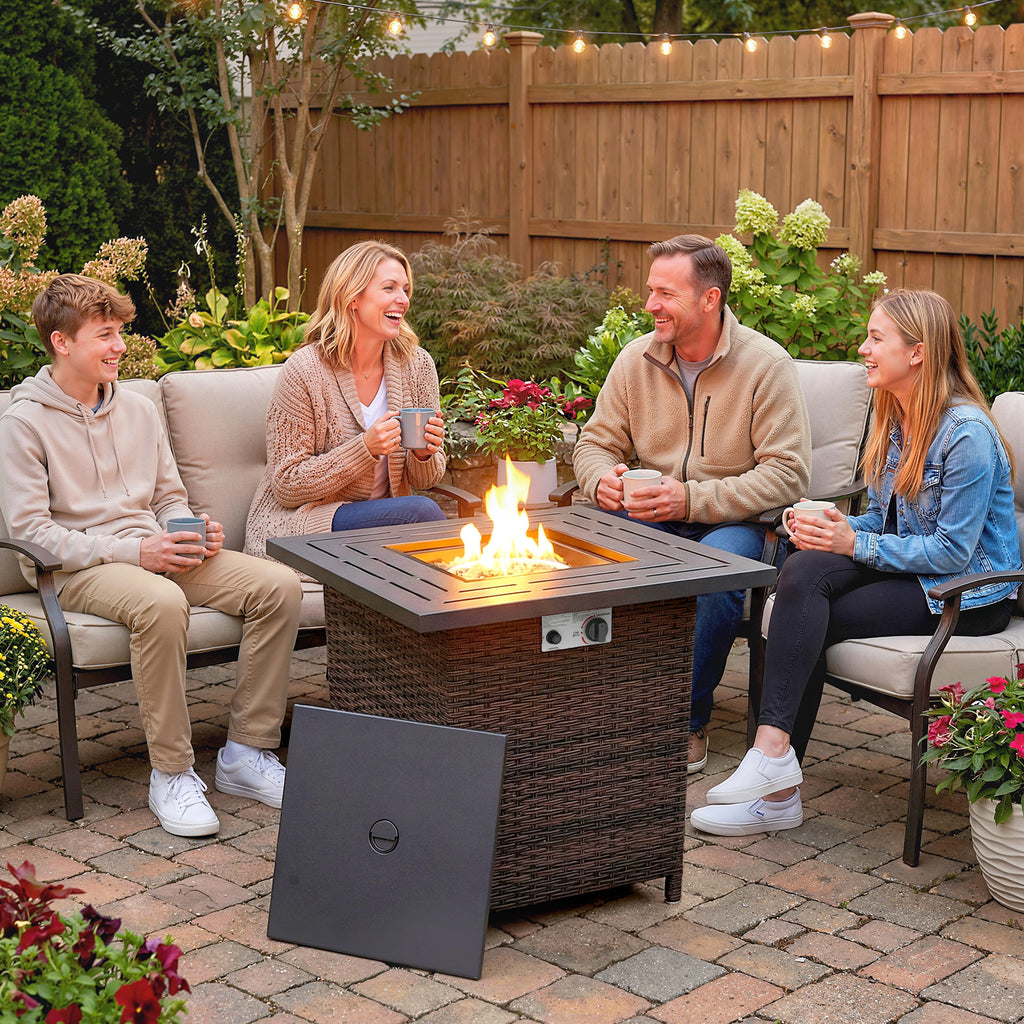 Propane Fire Pit Table, 28 Inch 40,000 BTU Square Rattan Fire Table with Lava Rock, Pulse-Ignition Wicker Gas Fire Pit