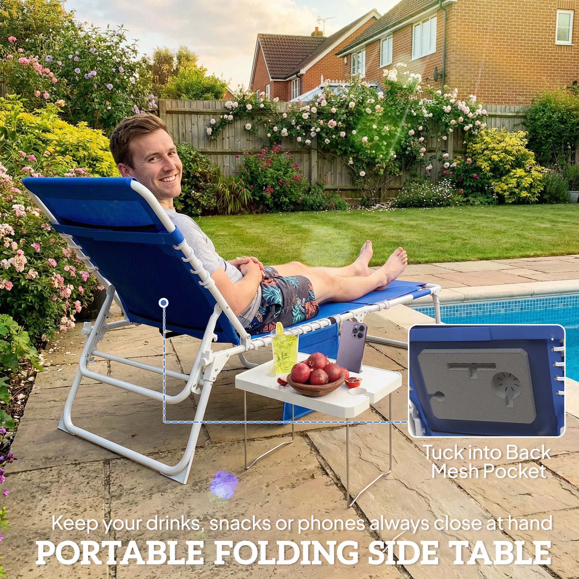 Tanning Chair with Face Hole and Side Table, Folding Outdoor Lounge Chair with Carry Straps, Side Pocket, Navy Blue
