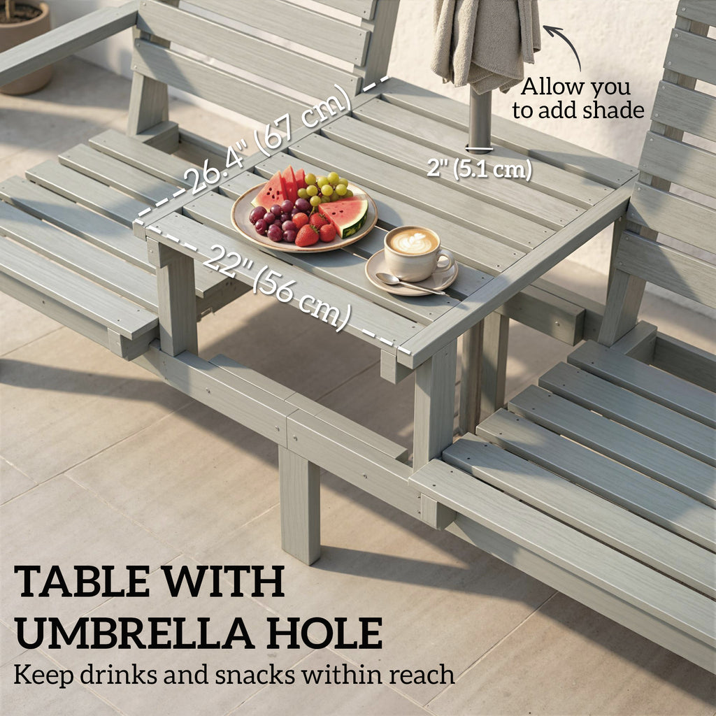 Outdoor Bench with Wheels and 3-Position Adjustable High Back, 2 Seater Outdoor Loveseat with Umbrella Hole, Grey