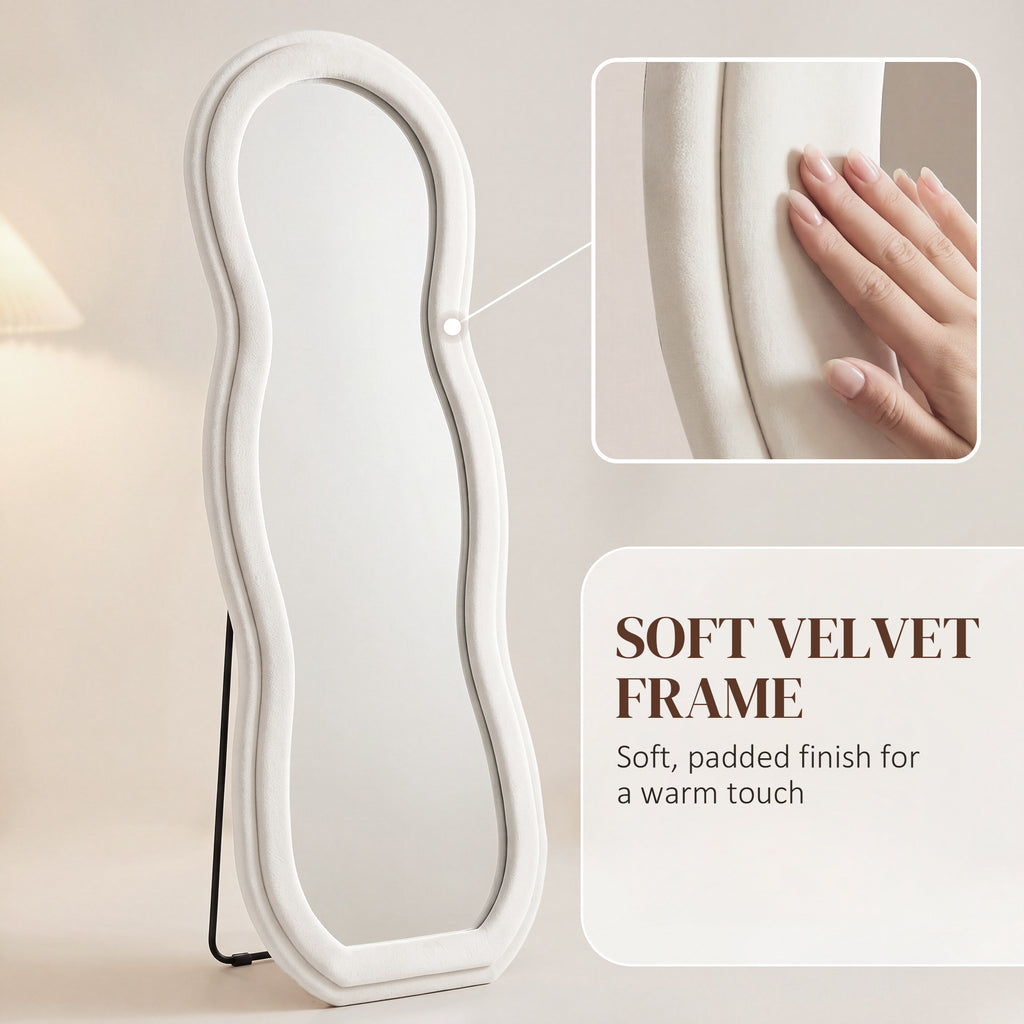 64" x 24" Full Length Mirror, Floor Mirror Hanging or Wall Mount, with Arched Wavy Velvet Frame for Bedroom