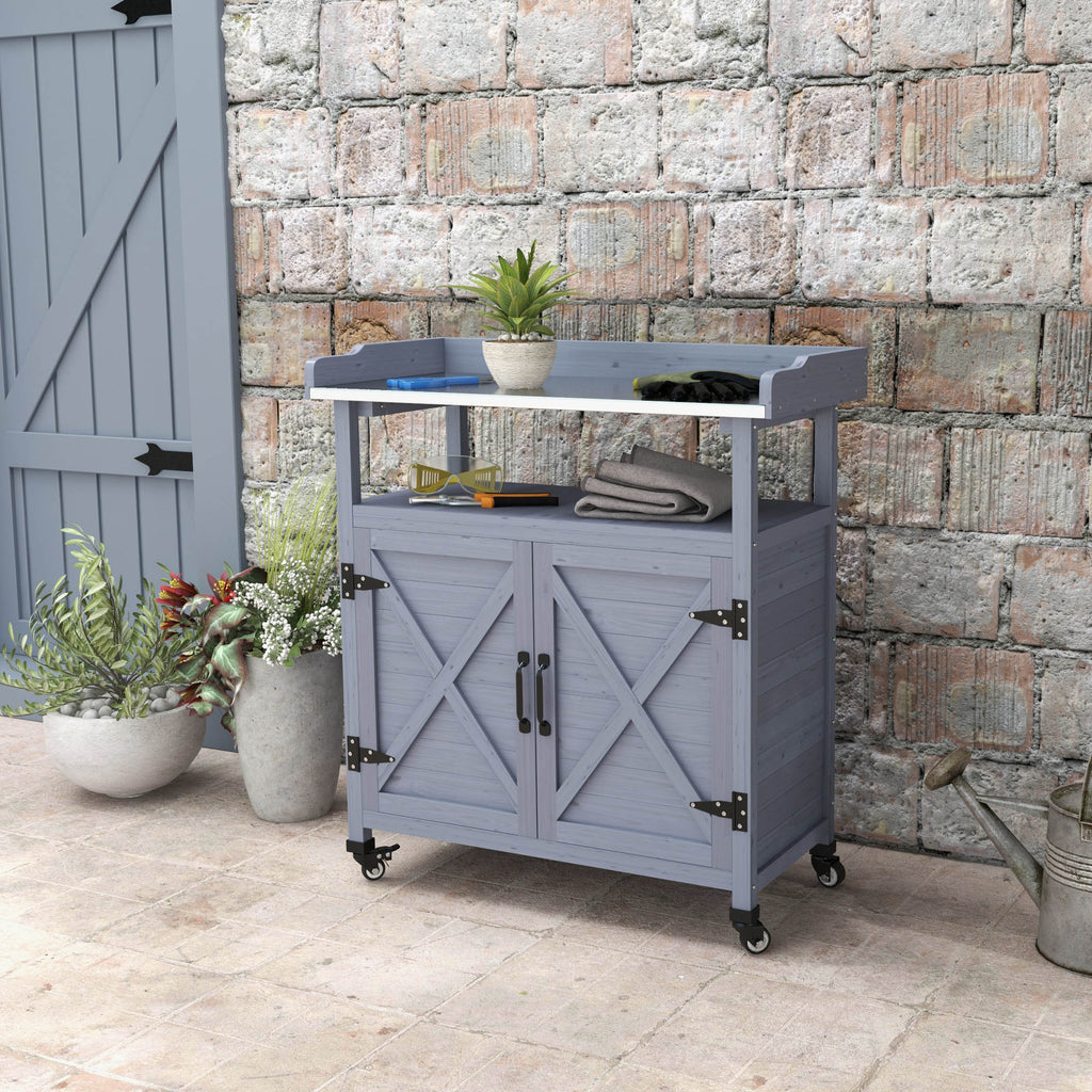 Outdoor Wooden Potting Bench with Storage Cabinet, Aluminum Tabletop, Rubber Wheels for Backyard, Patio, Balcony, Grey
