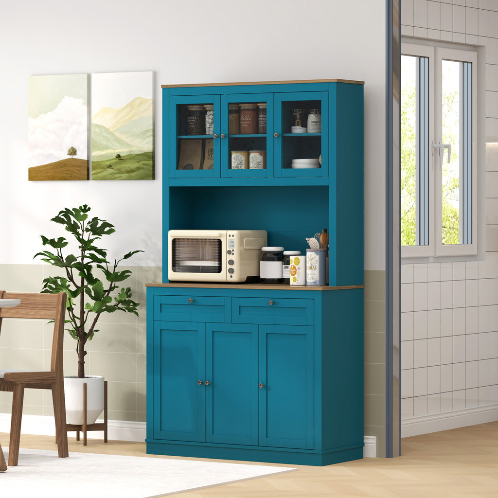 71" Pantry Cabinet with Microwave Space, Buffet with Hutch, 2 Drawers, Adjustable Shelves and Glass Doors, Navy Blue