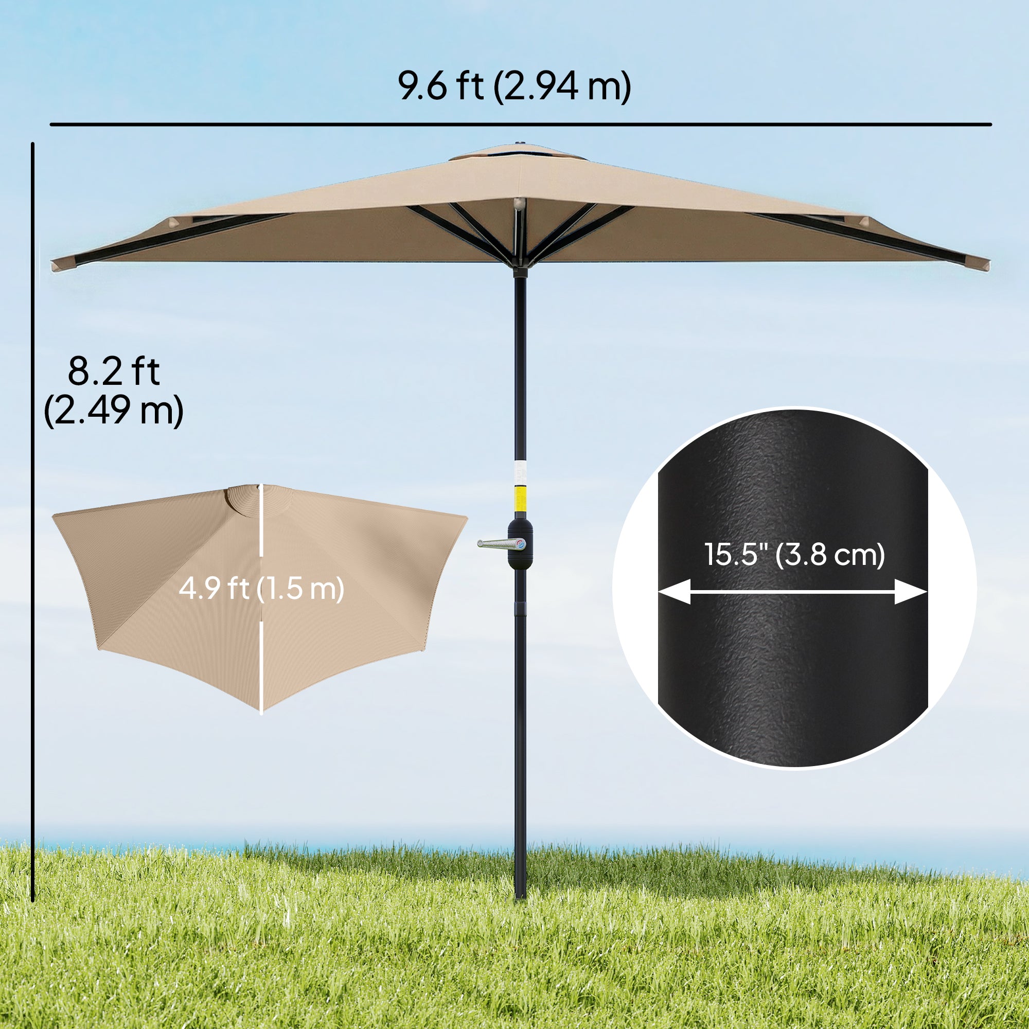 9.8ft Half Umbrella Semi Round Patio Parasol with Crank Handle, Top Vent for Garden, Balcony- NO BASE INCLUDED, Coffee