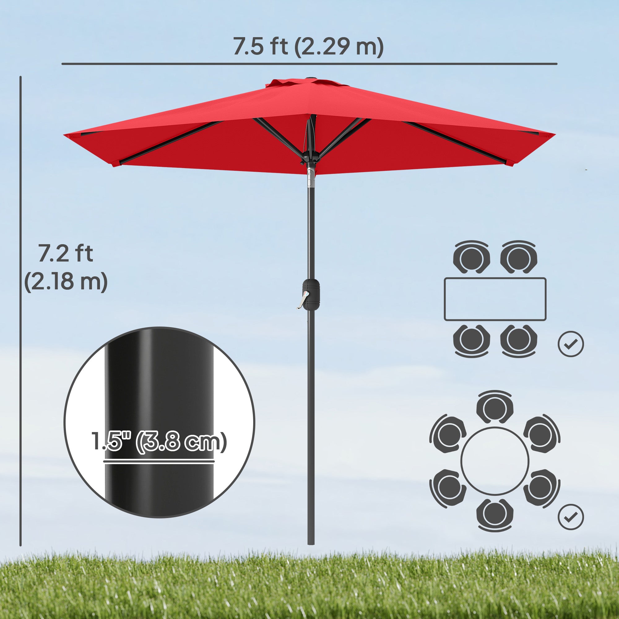 Patio Sun Umbrella, Outdoor Parasol with 6 Ribs, Wine Red