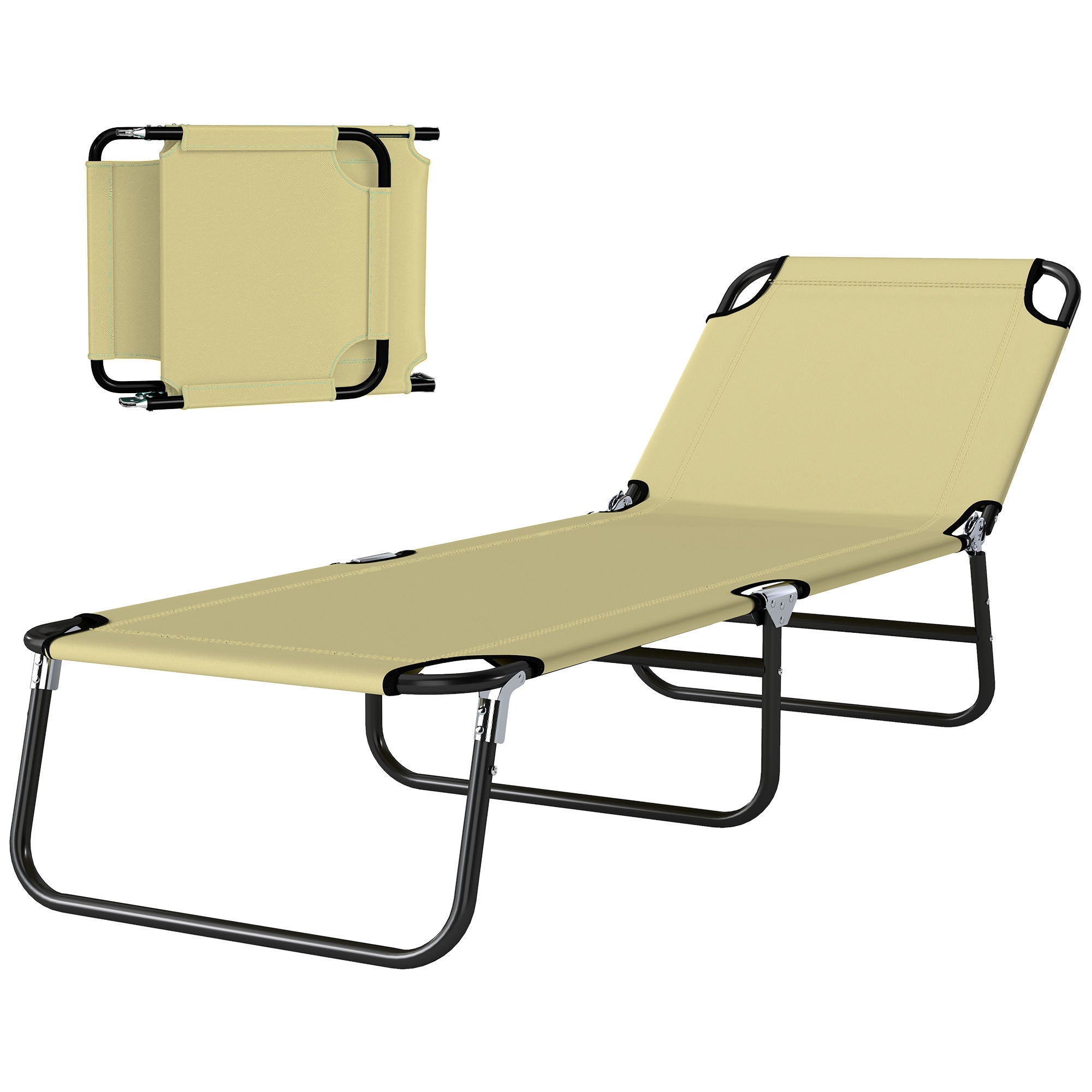Outdoor Folding Lounge Chair, Steel Tanning Chair with Reclining Back, Breathable Mesh for Beach, Yard, Patio, Cream