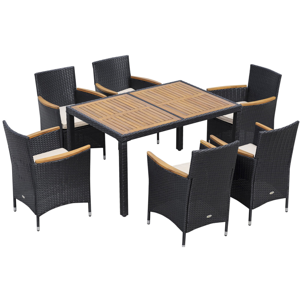 7 Pieces Outdoor Dining Set for 6, PE Wicker Rattan Patio Furniture Set with High-Back Armchairs, Glass Table Top
