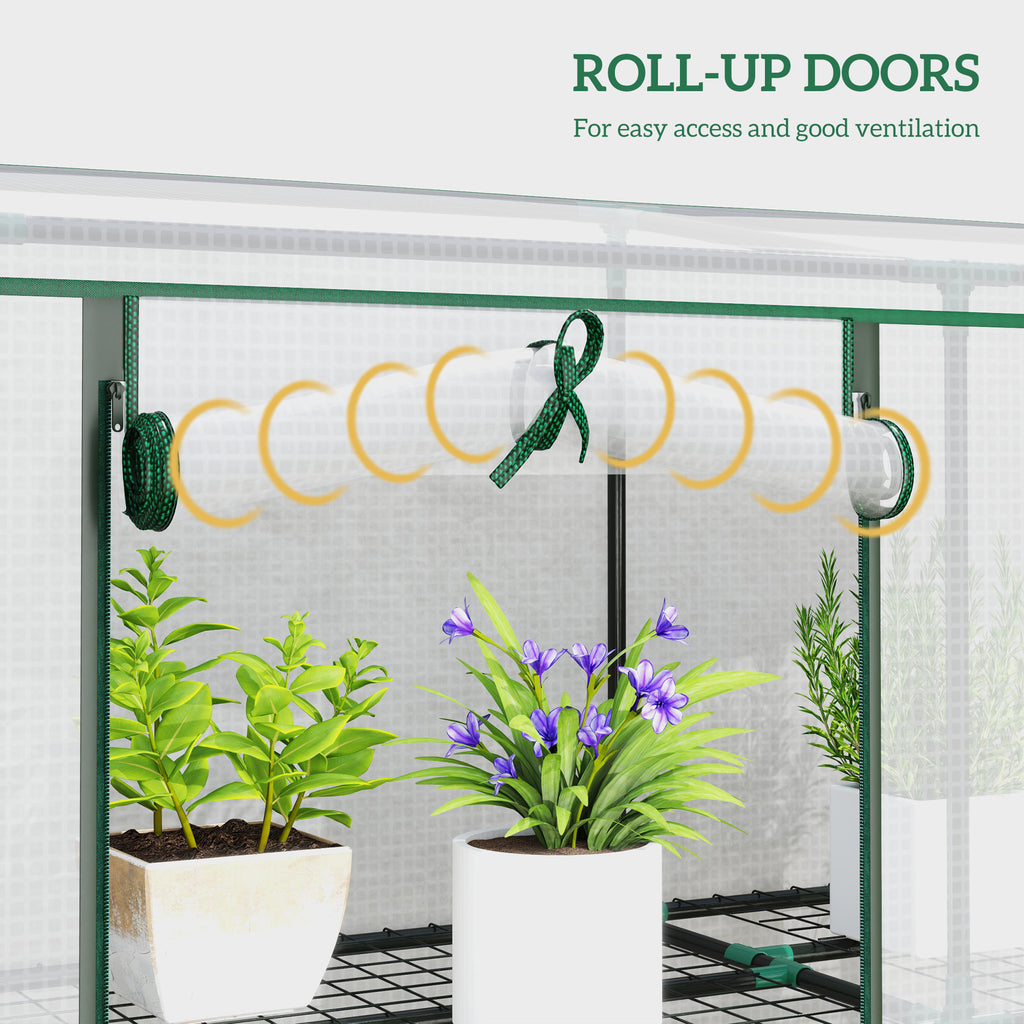 Lean-to Greenhouse with 3 Tier Shelves, Mini Greenhouse with 3 Roll-Up Doors for Indoor Outdoor, White
