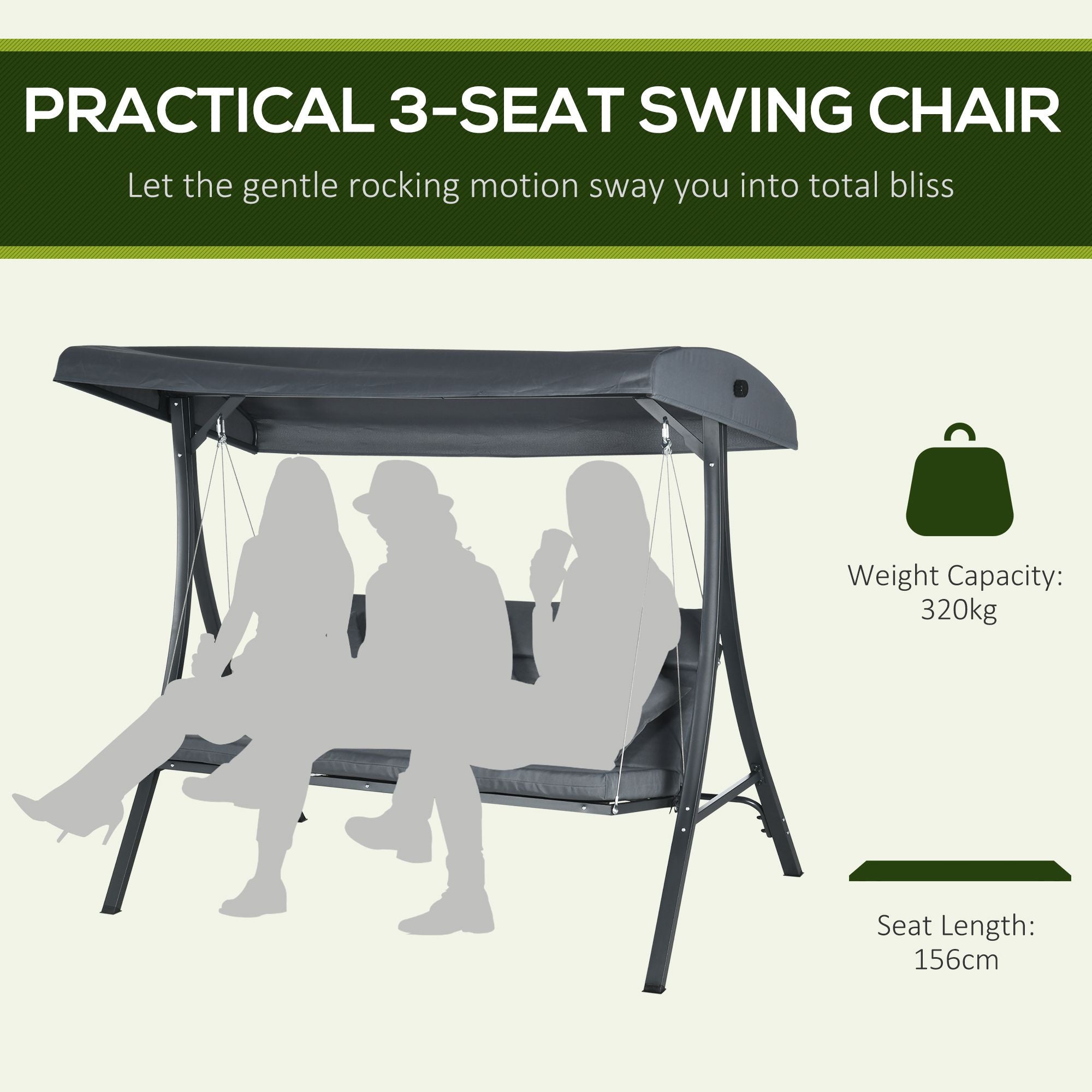 3-Person Patio Swing Chair, Outdoor Porch Swing Bench with Adjustable Canopy, Cushioned Seat, Dark Grey