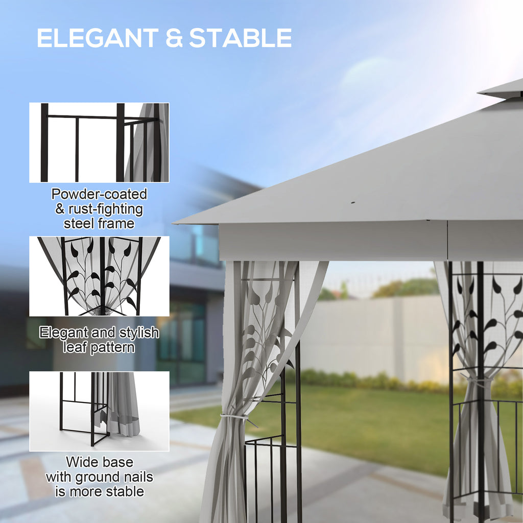 10'x10' Soft-top Steel Patio Gazebo Outdoor Sun Shelter with 2-Tier Polyester Roof, Curtain Sidewalls, Light Grey
