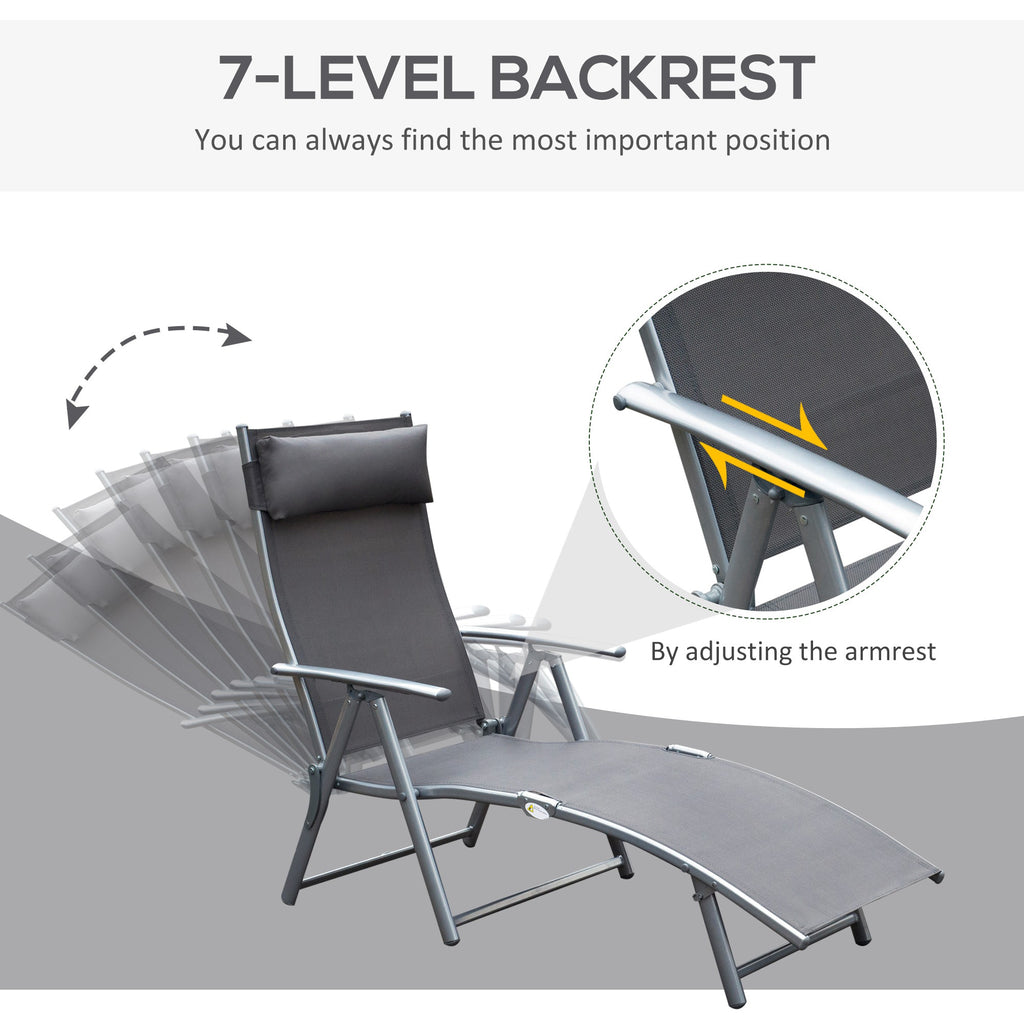 Heavy-duty Adjustable Folding Reclining Chair Outdoor Sun Lounger Patio Chaise Lounge Garden Beach Gravity Lounge with Pillow, 7 Adjustable Backrest Positions, Grey