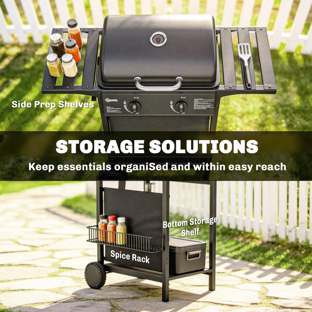 2-Burner Propane Gas Grill, 18000 BTU BBQ Grill with Wheels, Warming Rack, Shelf, Thermometer, Grease Cup, Black
