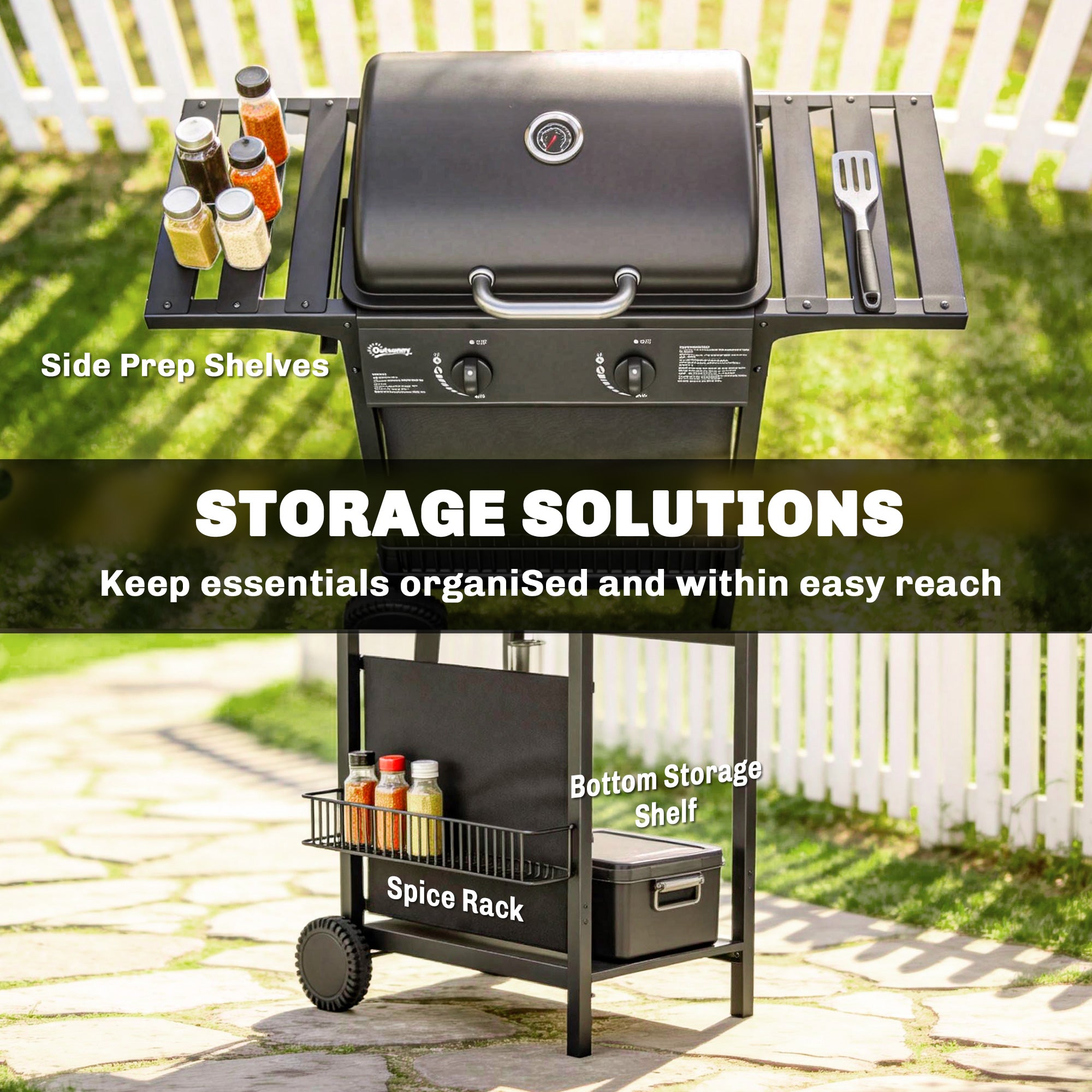 2-Burner Propane Gas Grill, 18000 BTU BBQ Grill with Wheels, Warming Rack, Shelf, Thermometer, Grease Cup, Black