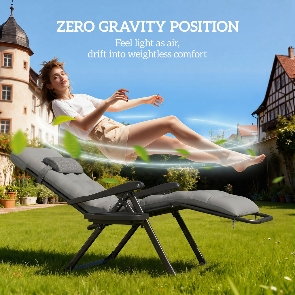 Padded Folding Recliner Chair, Patio Lounger with Cupholder, Adjustable Backrest, Removable Cushion, Grey