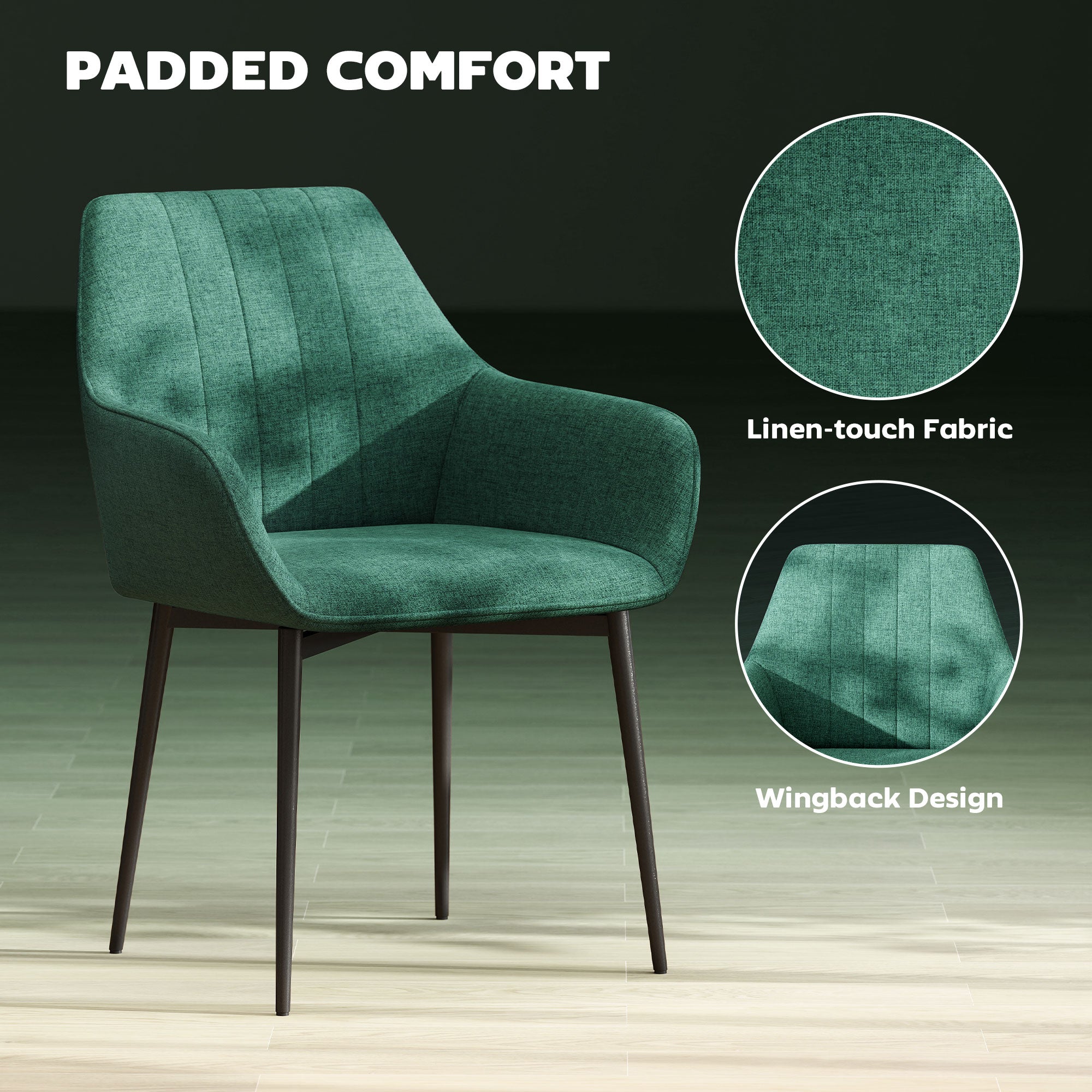 Dining Chairs Set of 2, Upholstered Linen Fabric Accent Chairs with Metal Legs, Dark Green
