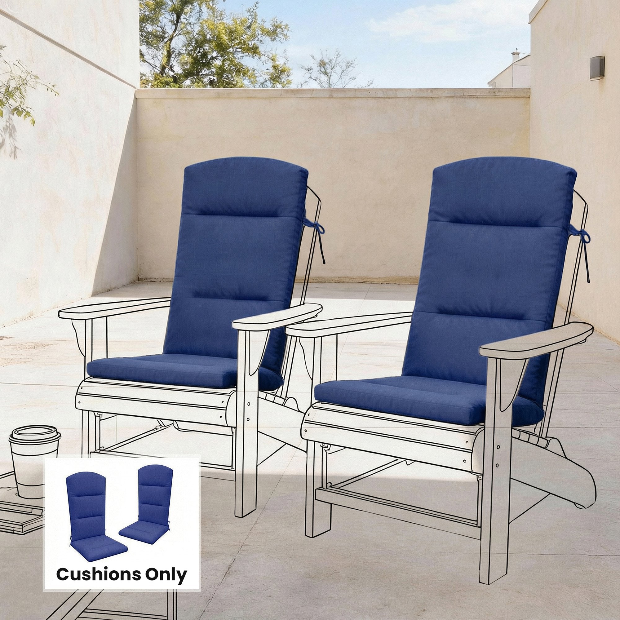 Patio Chair Cushions for Adirondack Chair Replacement Cushions with Back and Ties, Set of 2, Navy Blue