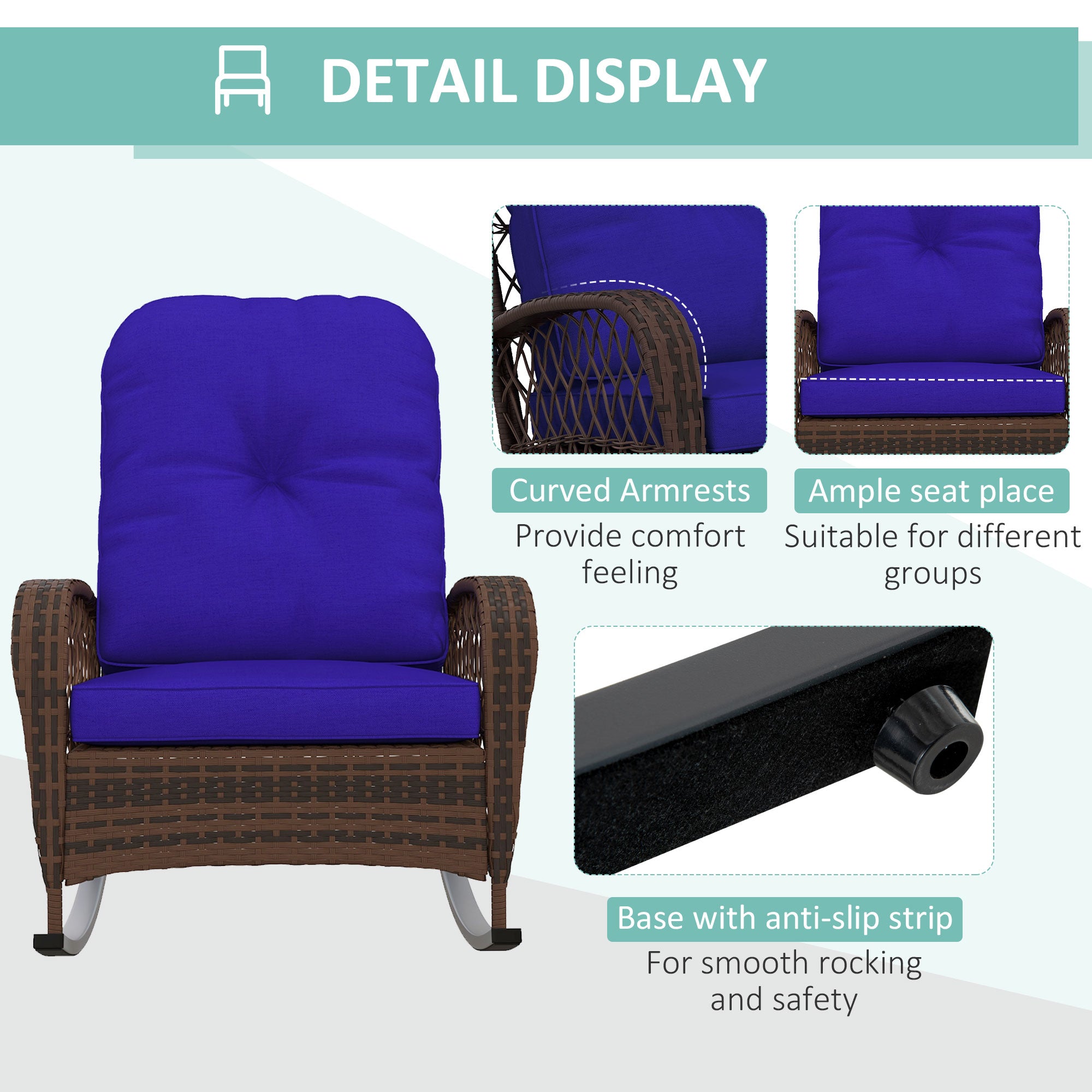 Outdoor Wicker Rattan Rocking Chair Patio Rocker with Thick Cushions for Garden Backyard Porch, Dark Blue