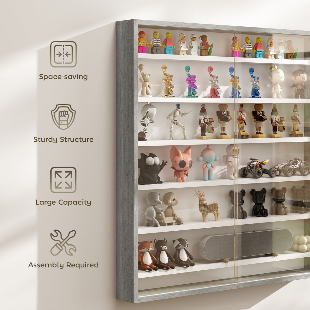 7-Tier Display Cabinet, Shot Glass Display Case, Glass Curio Cabinet with 2 Glass Doors and 6 Adjustable Shelves, Grey