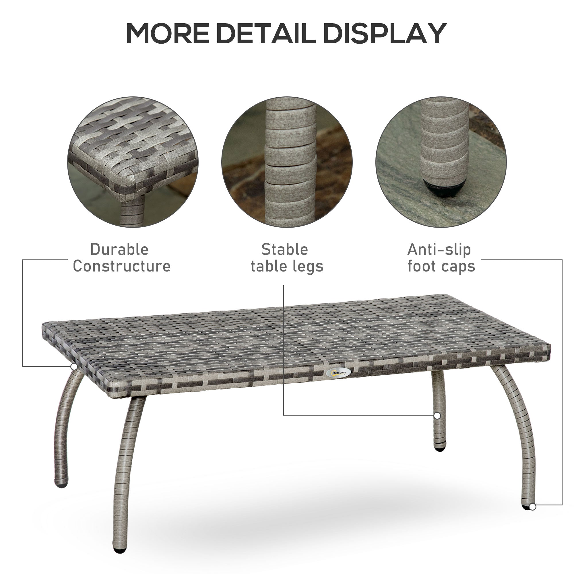 Rattan Coffee Table Outdoor Side Table, 35.4" x 19.7" Small Wicker Patio Furniture with All-Weather PE for Garden, Balcony, Backyard, Poolside, Grey