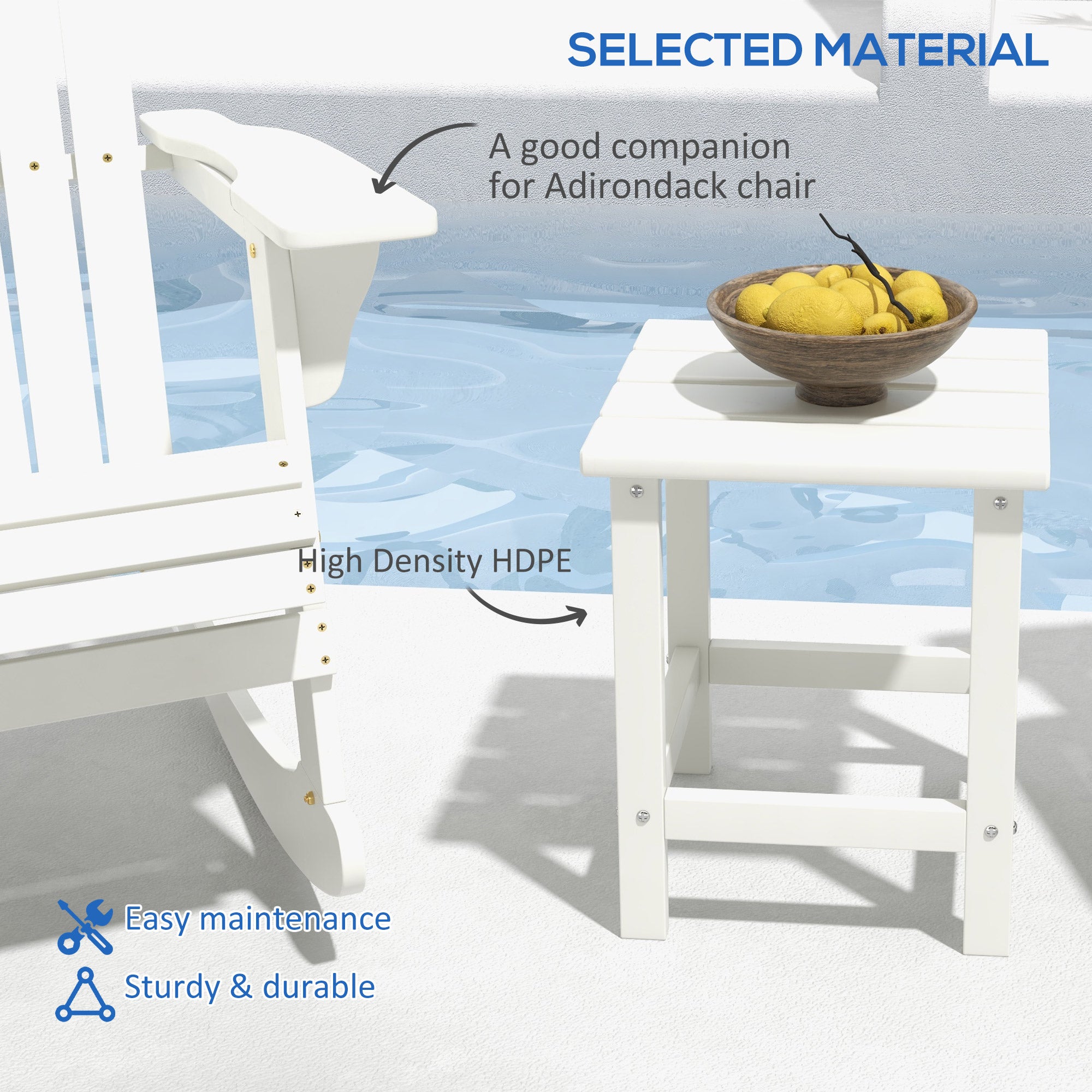 Side Table, Square Patio End Table, Weather Resistant 15" Outdoor HDPE Table for Porch, Balcony, White