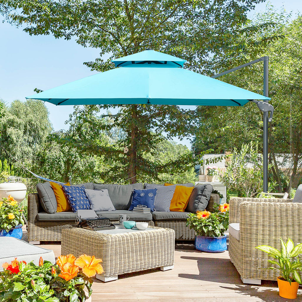 10' x 10' Cantilever Patio Umbrella, Double Top Square Offset Umbrella with 360Â° Rotation, 5 Adjustable Tilt Angles, Umbrella Cover, Aluminum Pole and Ribs, Light Blue