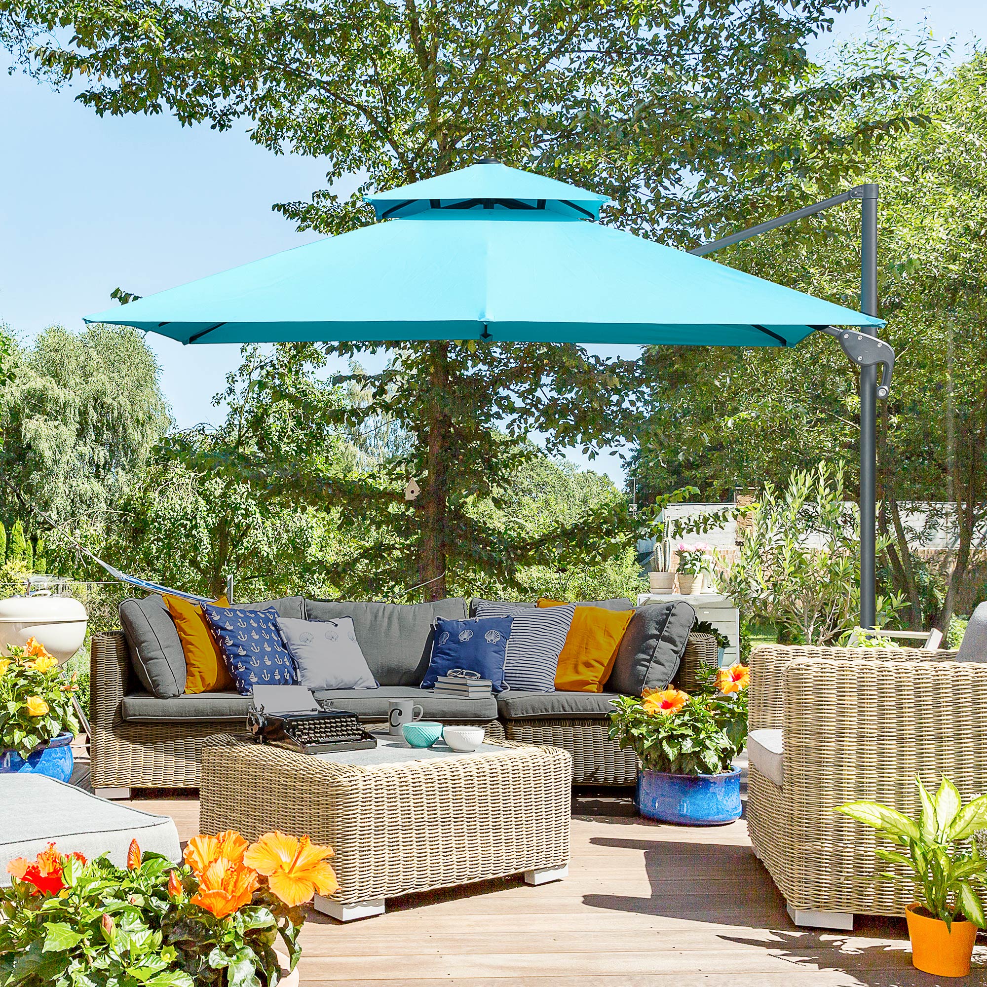10' x 10' Cantilever Patio Umbrella, Double Top Square Offset Umbrella with 360Â° Rotation, 5 Adjustable Tilt Angles, Umbrella Cover, Aluminum Pole and Ribs, Light Blue