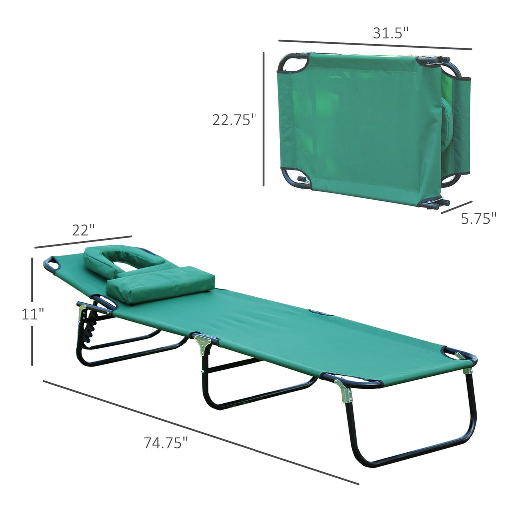 Folding Outdoor Lounge Chair, Portable Reclining Beach Lounger with Face Hole, Detachable Pillow, 3-Position Adjustable Backrest, For Patio, Garden, Poolside, Green