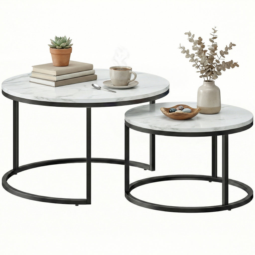 Modern Coffee Table Set of 2, Nesting Side Tables w/ Metal Base for Living Room Bedroom Office Marble White