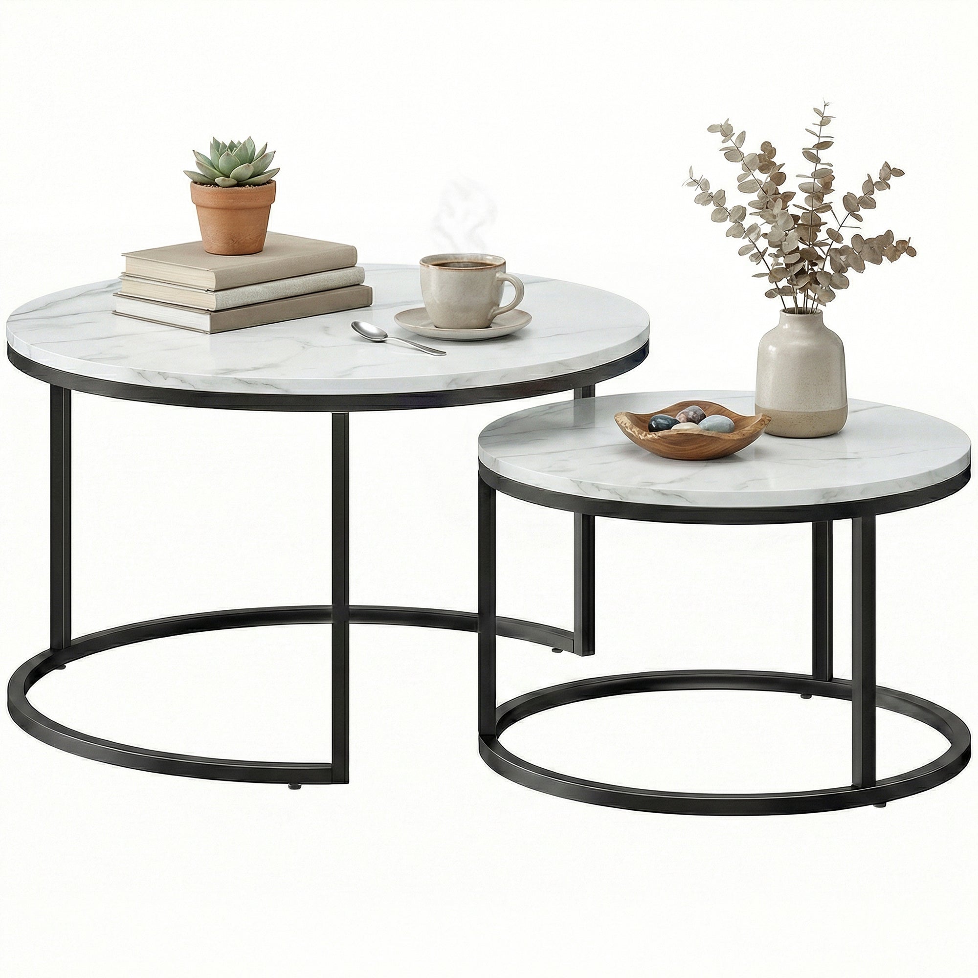 Modern Coffee Table Set of 2, Nesting Side Tables w/ Metal Base for Living Room Bedroom Office Marble White