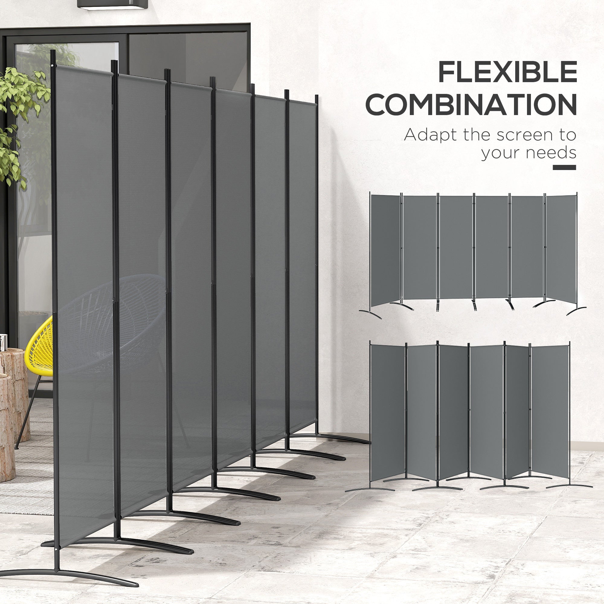 6 Panel Folding Outdoor Privacy Screen with Stable Base, 5.7FT Tall Room Divider with UV30+ Protection, Grey