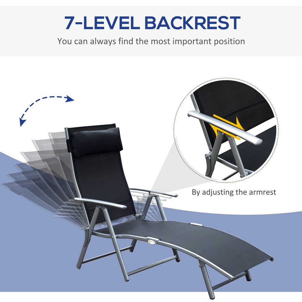 Heavy-duty Adjustable Folding Reclining Chair Outdoor Sun Lounger Patio Chaise Lounge Garden Beach Gravity Lounge with Pillow, 7 Adjustable Backrest Positions, Black