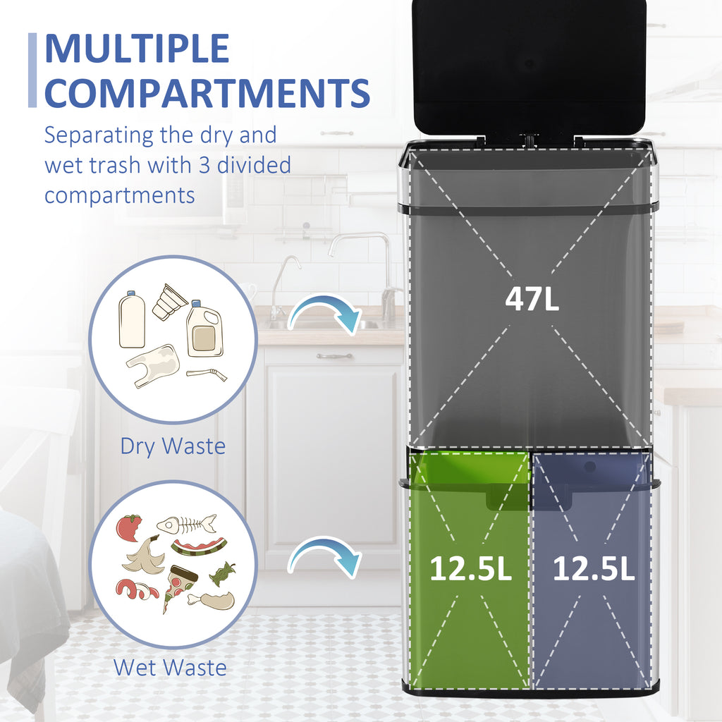 Sensor Trash Can, 19 Gallon Stainless Steel Kitchen Garbage Can with 3 Compartments, Removable Inner Buckets, Silver