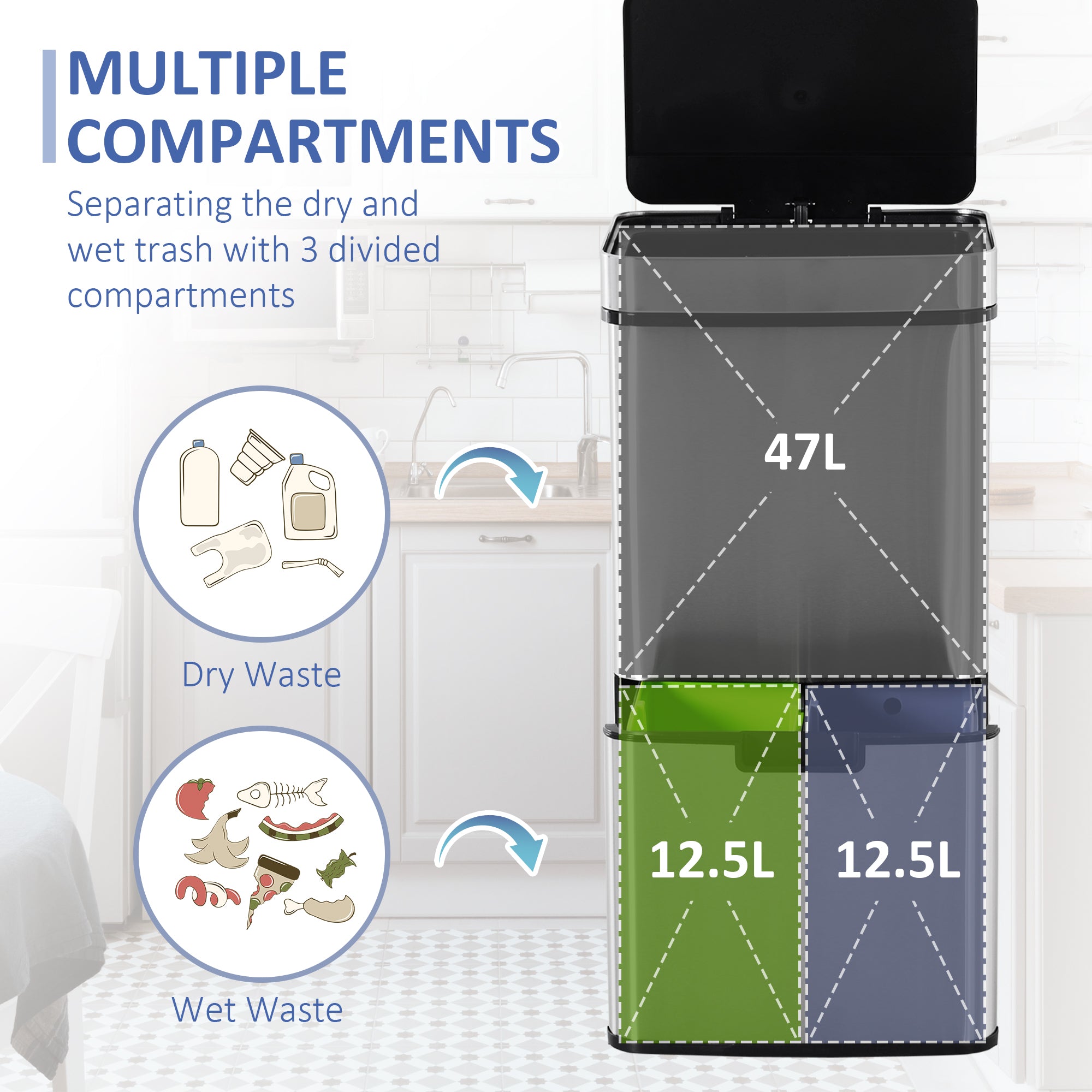 Sensor Trash Can, 19 Gallon Stainless Steel Kitchen Garbage Can with 3 Compartments, Removable Inner Buckets, Silver
