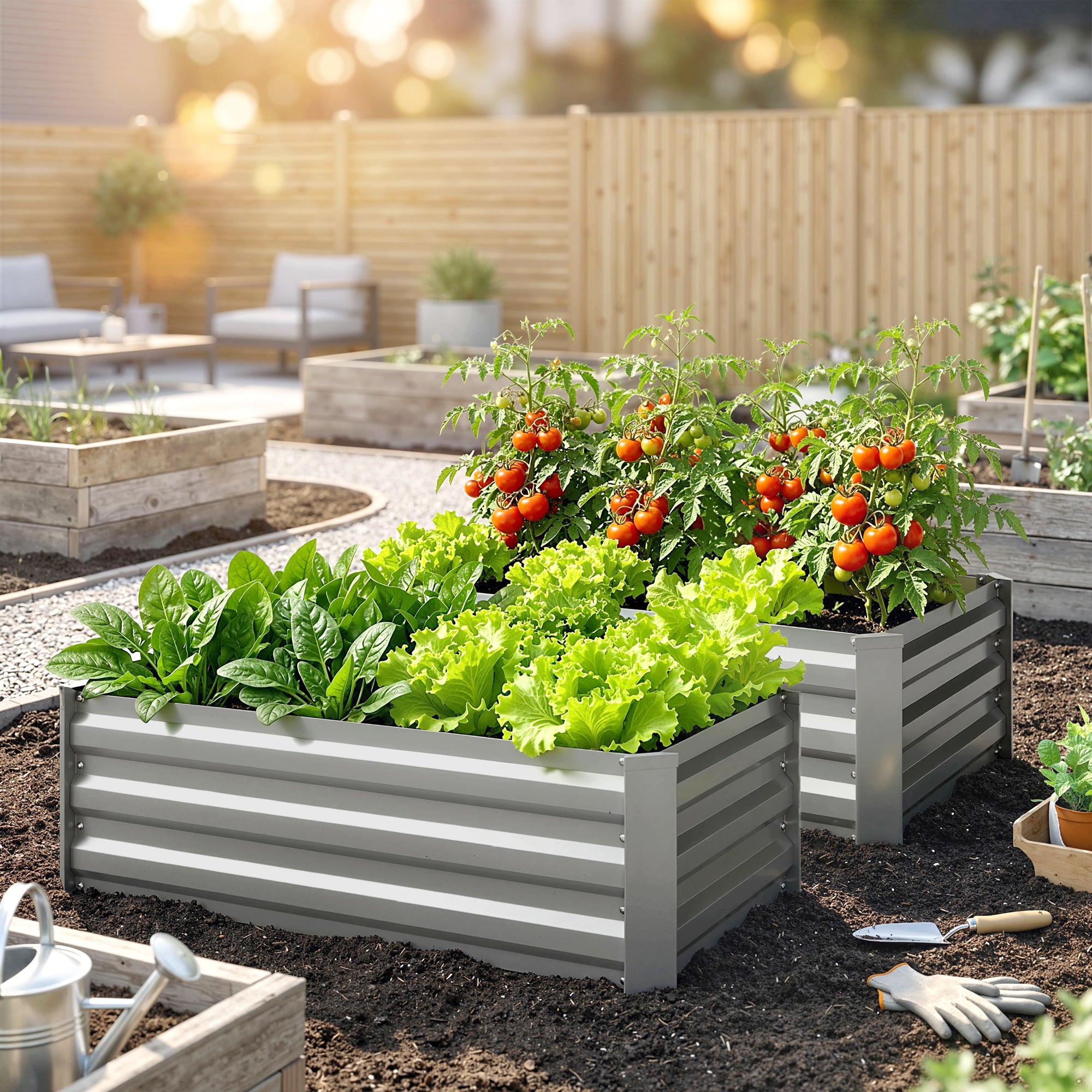 Set of 2 Galvanized Raised Beds for Garden, Outdoor Planter Box for Flowers, Herbs and Vegetables, Light Grey