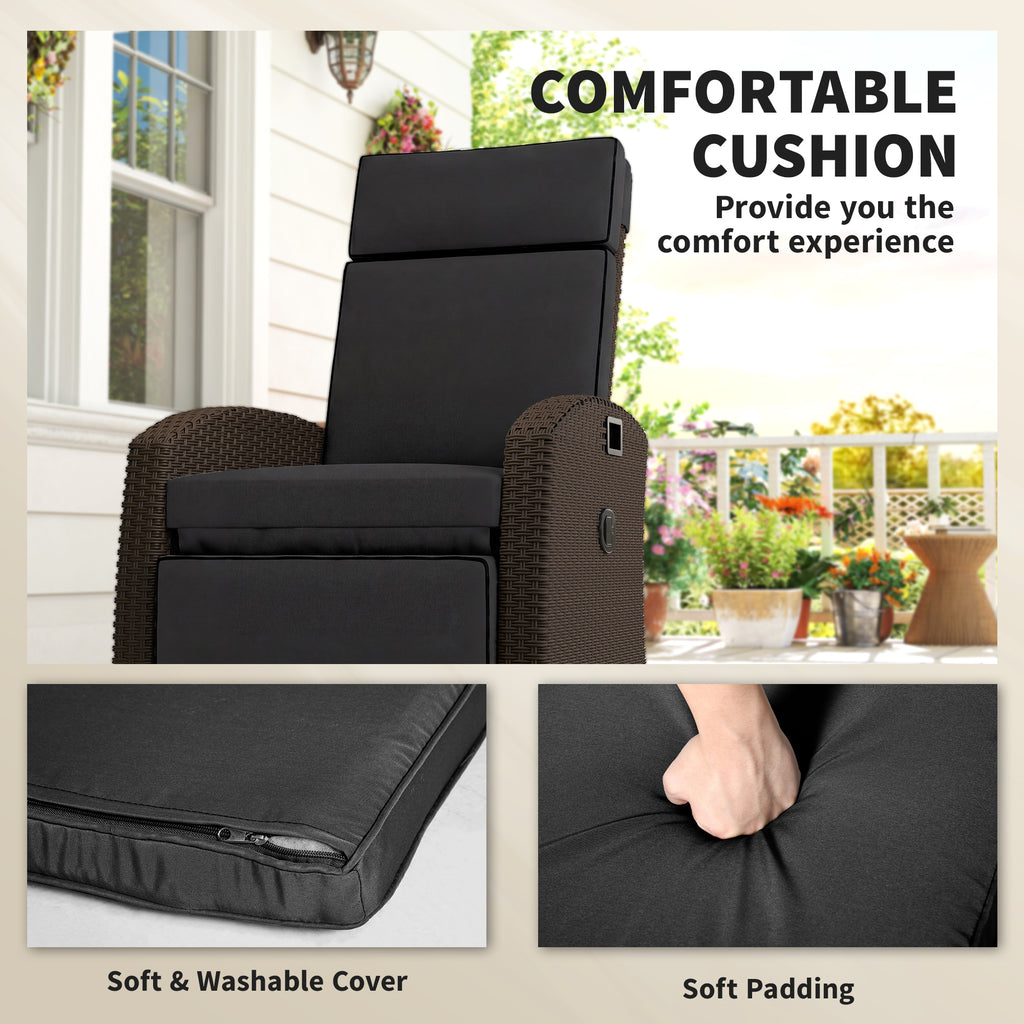 Outdoor Recliner Chair with Adjustable Backrest, Cushion, Side Tray, Black