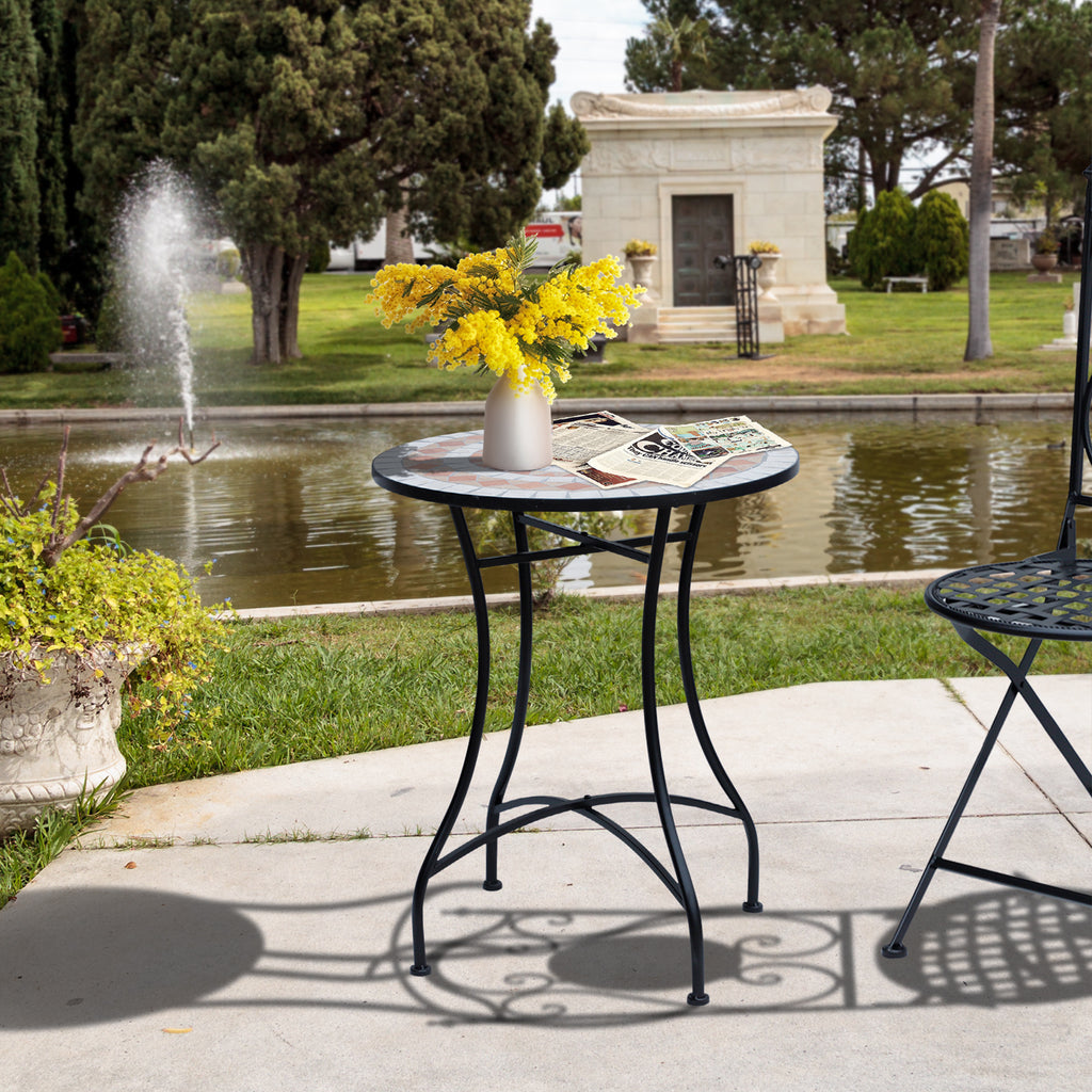 23.5" Mosaic Round Patio Table, Metal Side Bistro Coffee Table, Outdoor Furniture, Ceramic Tabletop for Garden Lawn