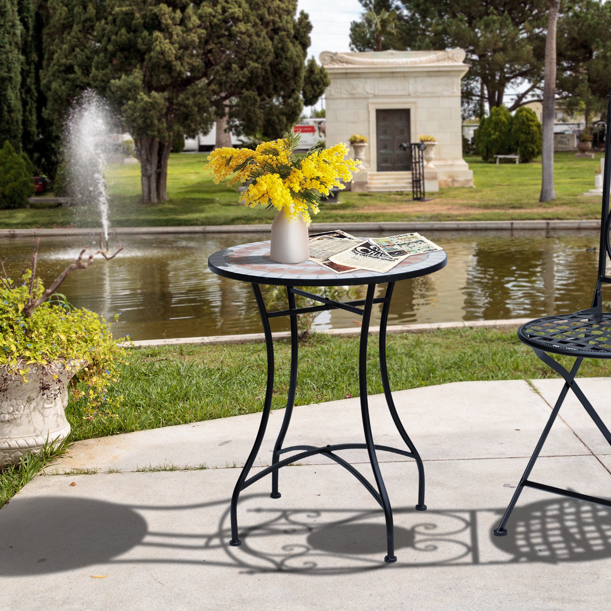 23.5" Mosaic Round Patio Table, Metal Side Bistro Coffee Table, Outdoor Furniture, Ceramic Tabletop for Garden Lawn