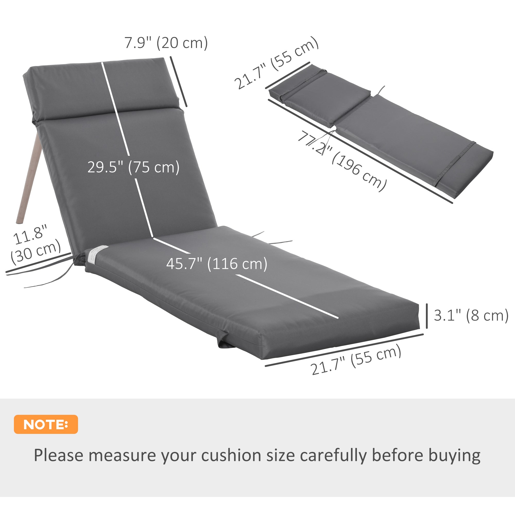 Outdoor Lounge Chair Cushion Set of 2, Non-Slip Chaise Lounge Cushions, Sun Lounger Pads, 77.2" x 21.7", Dark Grey
