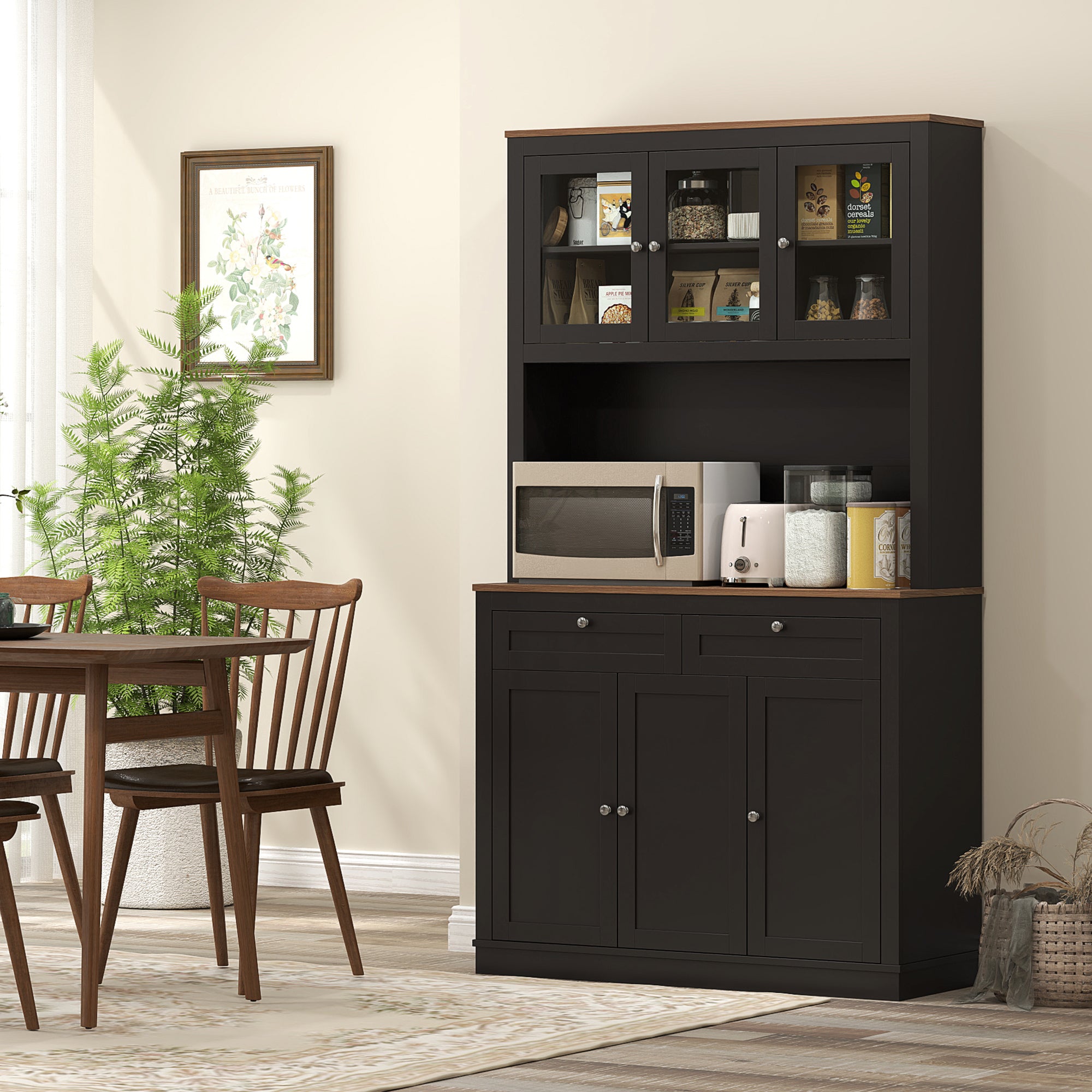 71" Pantry Cabinet with Microwave Space, Buffet with Hutch, 2 Drawers, Adjustable Shelves and Glass Doors, Black