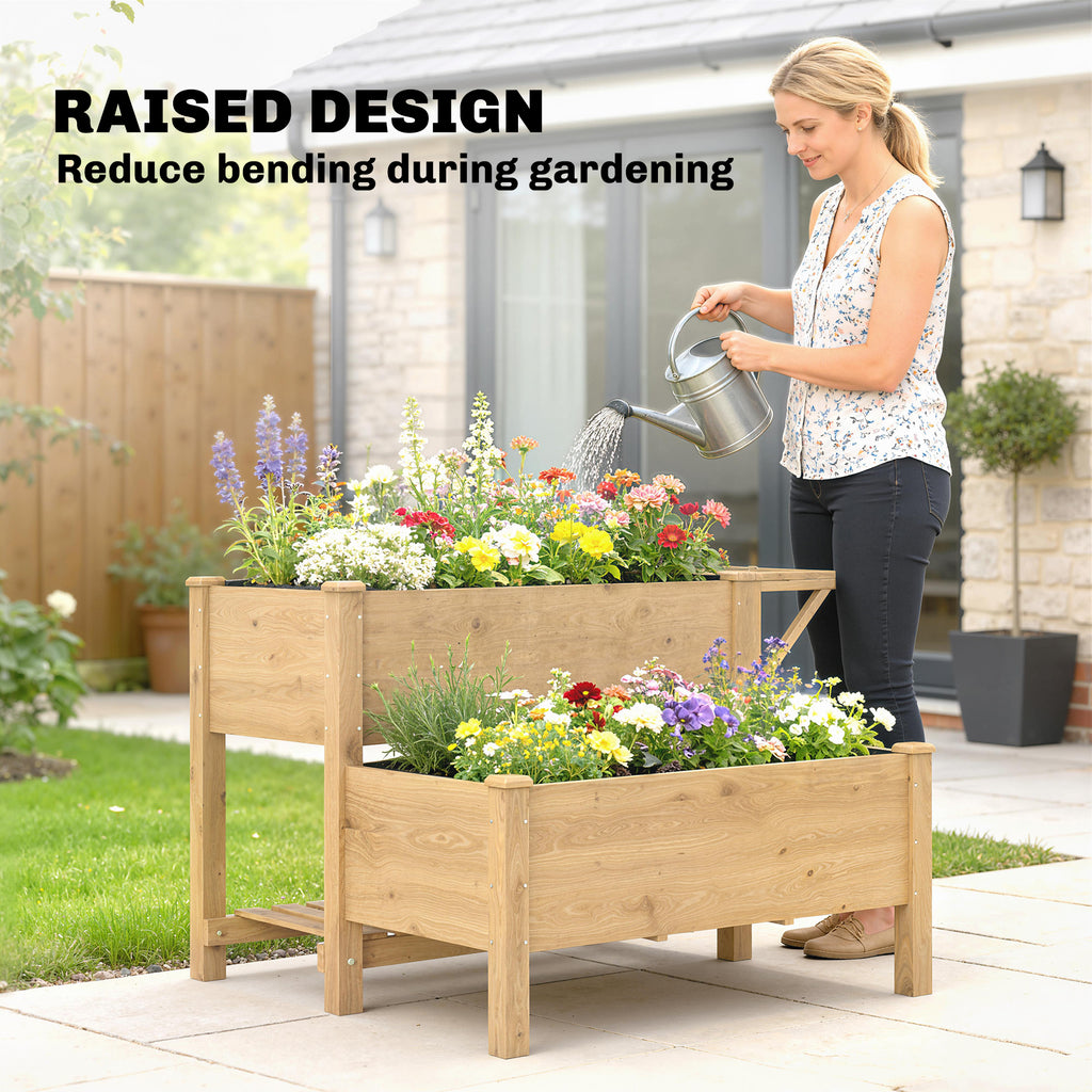 Wooden Raised Garden Bed, 2-Tier Raised Planter with Storage Shelf, Side Board, Drainage Holes and Liner