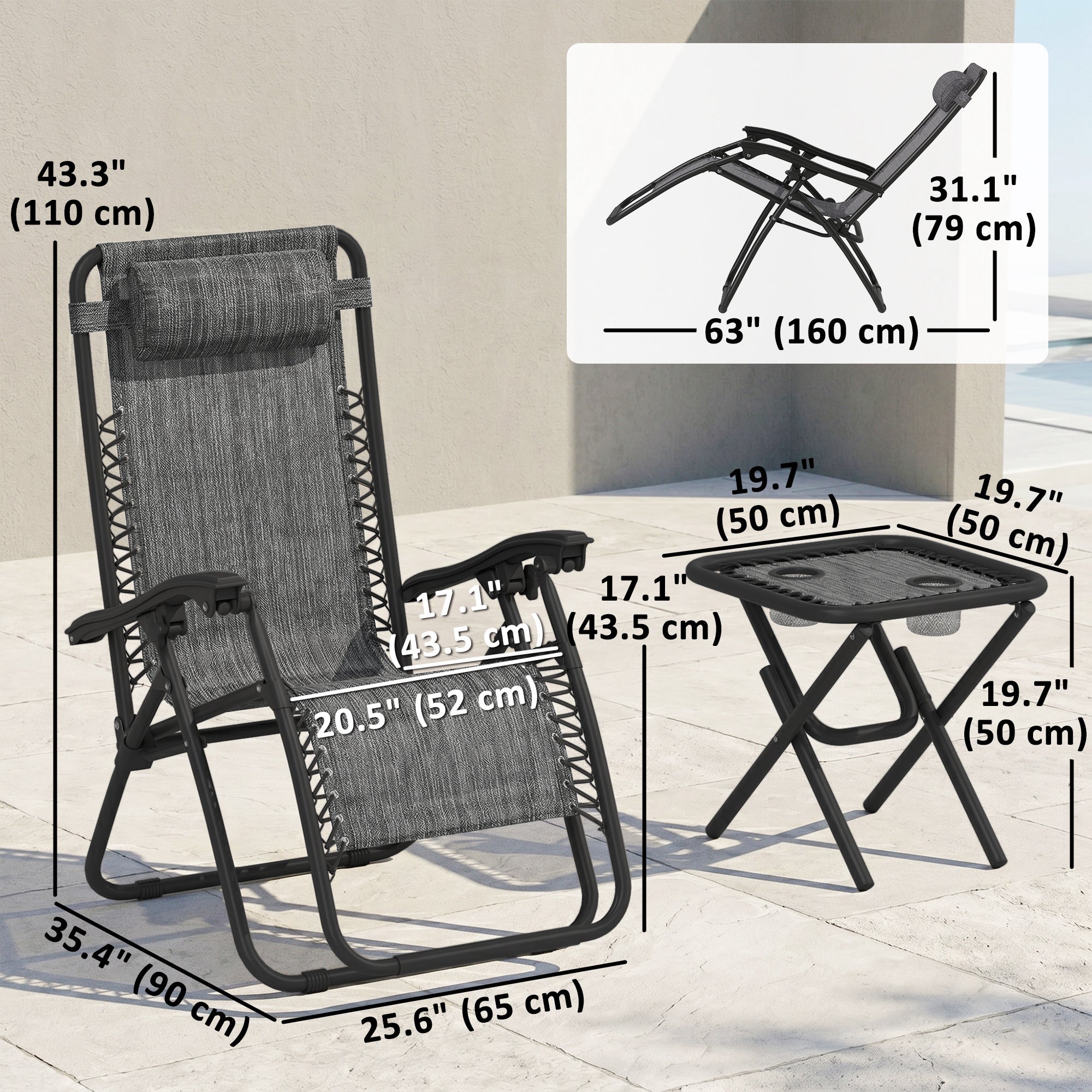 Zero Gravity Chair Set of 2 Patio Chair with Side Table Cupholders and Pillows for Pool, Backyard, Lawn, Dark Grey