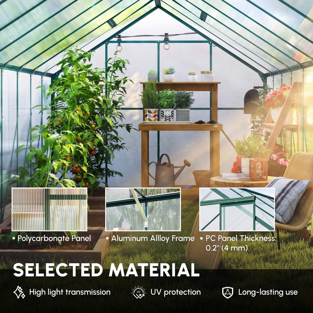 16' x 8' Aluminum Polycarbonate Greenhouse Walk-in Garden Greenhouse Kit with Adjustable Roof Vent, Rain Gutter and Sliding Door for Winter, Green