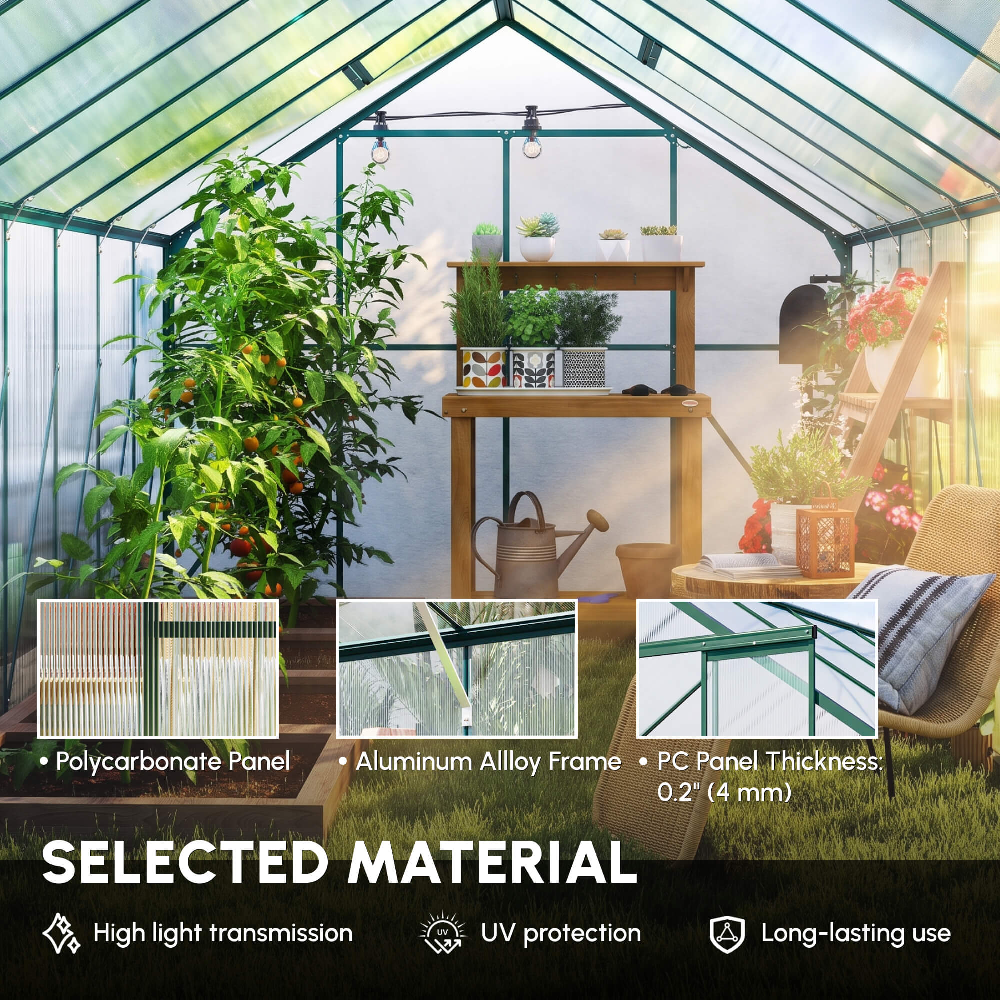 16' x 8' Aluminum Polycarbonate Greenhouse Walk-in Garden Greenhouse Kit with Adjustable Roof Vent, Rain Gutter and Sliding Door for Winter, Green