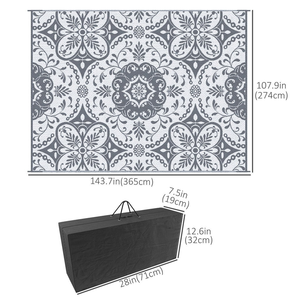 Portable Outdoor Rug with Carry Bag, 9' x 12' Reversible Mat, Waterproof Plastic Straw RV Rug for Backyard, Deck, Picnic, Beach, Camping, Gray & White Flower