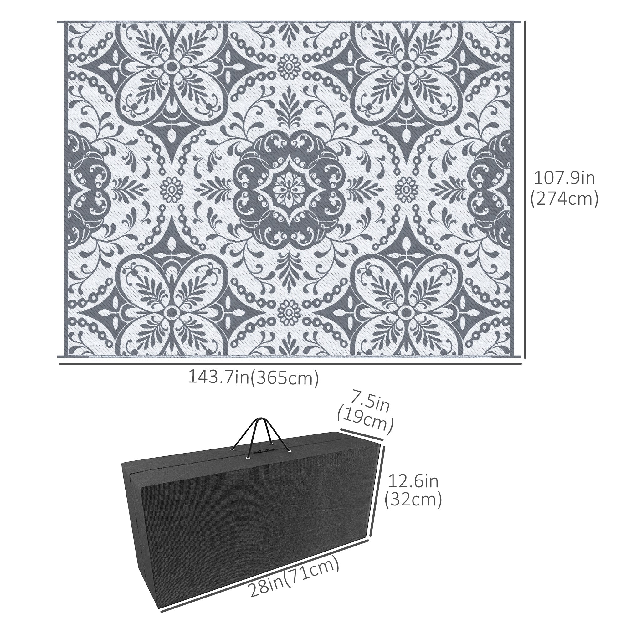 Portable Outdoor Rug with Carry Bag, 9' x 12' Reversible Mat, Waterproof Plastic Straw RV Rug for Backyard, Deck, Picnic, Beach, Camping, Gray & White Flower