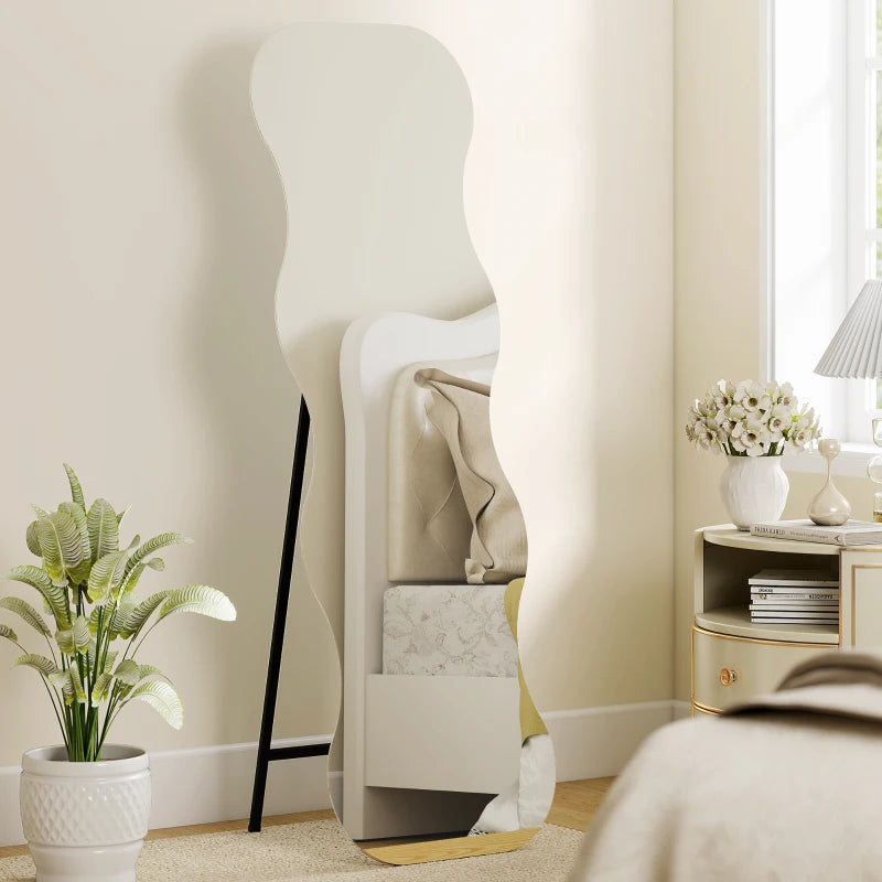 Modern black wavy full body mirror with natural pine wood support base